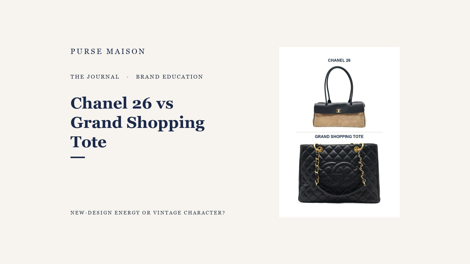 Two labeled Chanel totes: Chanel 26 Urban Essential and Grand Shopping Tote, on a Purse Maison Journal comparison cover.