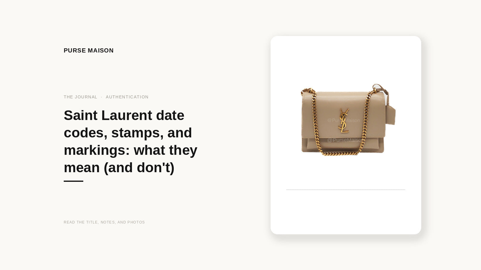 Purse Maison Journal cover: Saint Laurent date codes, stamps, and markings, featuring the live Sunset Medium listing photo.