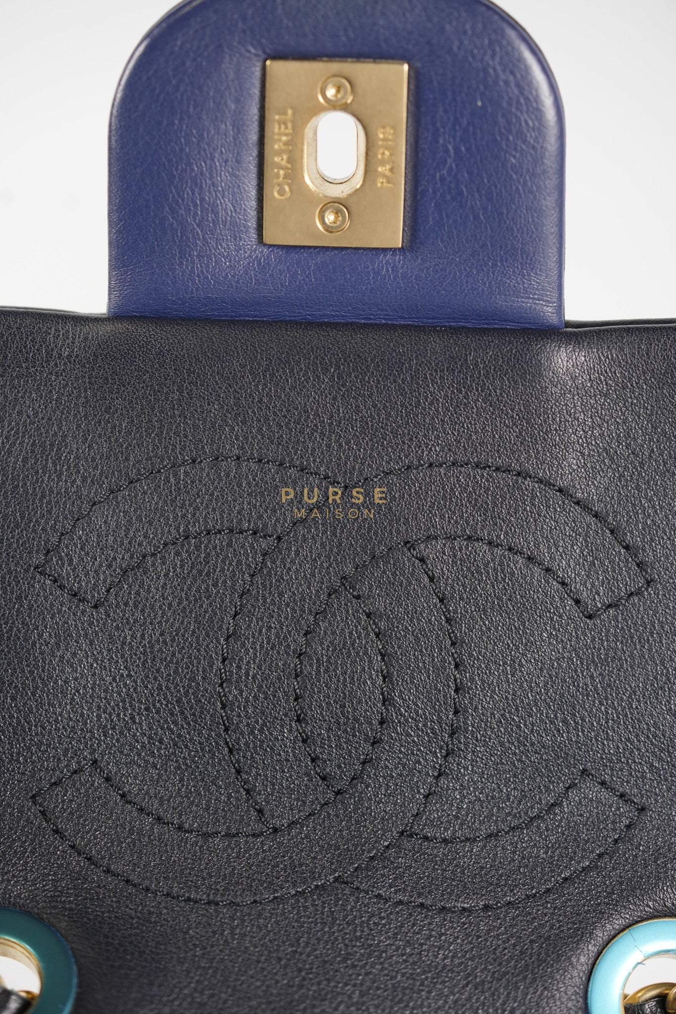 14P Mini Flap Graphic Logo Two-Tone Quilted Calfskin Leather in Gold Hardware Series 19 | Purse Maison Luxury Bags Shop