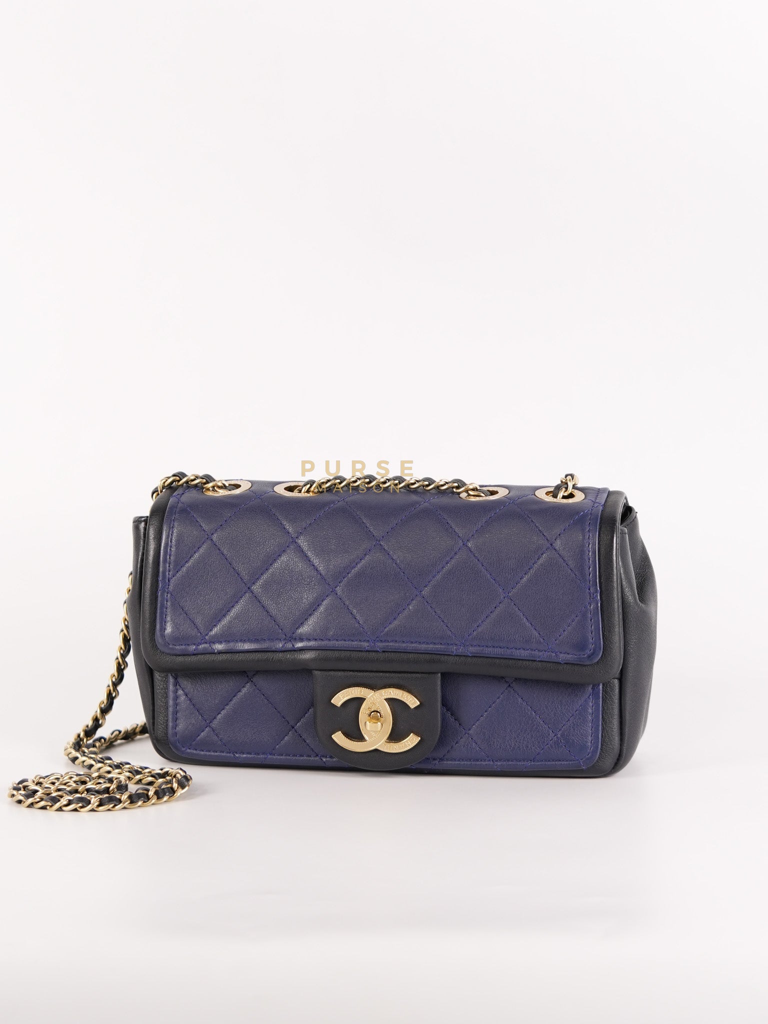 14P Mini Flap Graphic Logo Two-Tone Quilted Calfskin Leather in Gold Hardware Series 19 | Purse Maison Luxury Bags Shop
