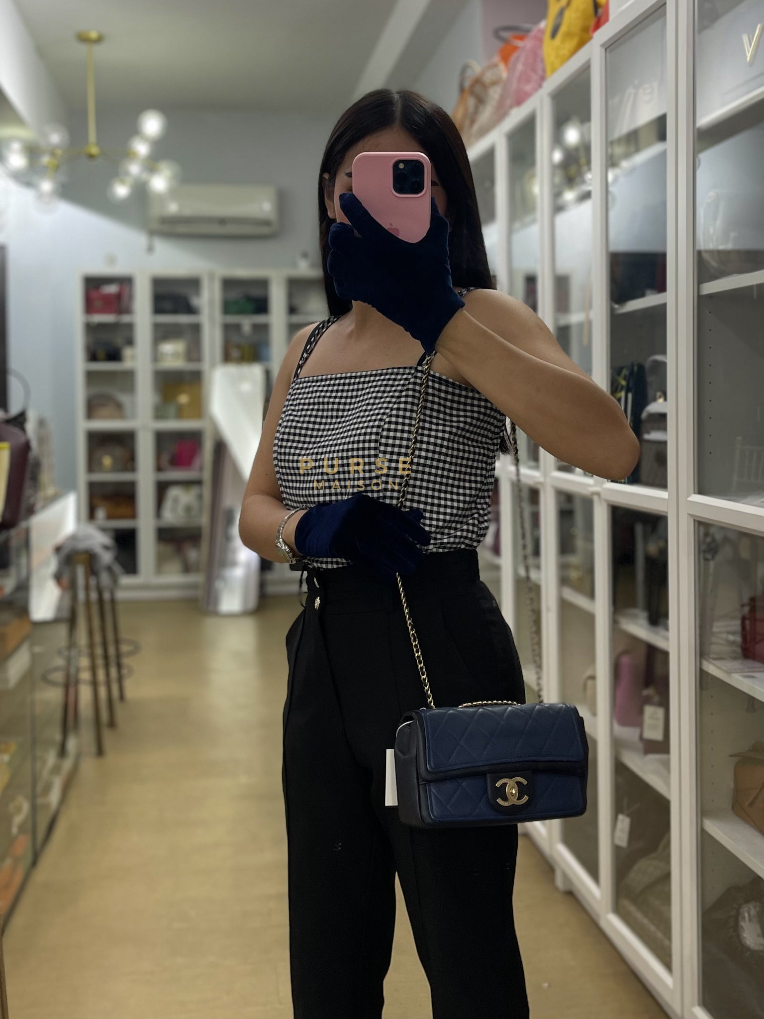 14P Mini Flap Graphic Logo Two-Tone Quilted Calfskin Leather in Gold Hardware Series 19 | Purse Maison Luxury Bags Shop