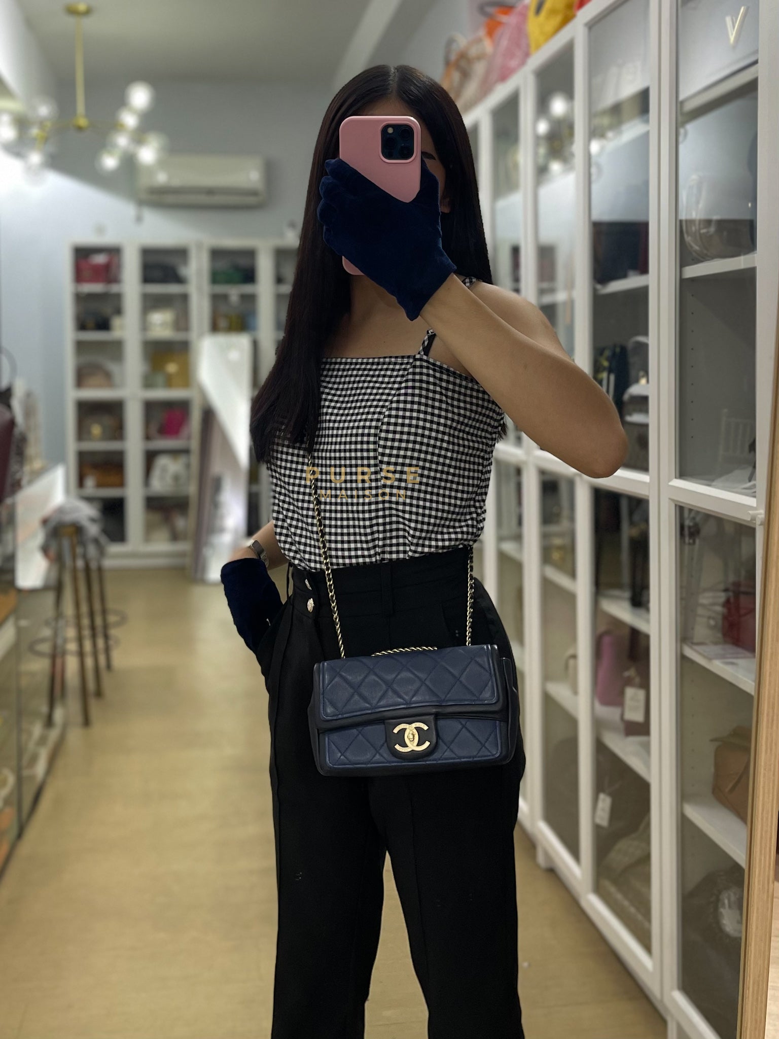 14P Mini Flap Graphic Logo Two-Tone Quilted Calfskin Leather in Gold Hardware Series 19 | Purse Maison Luxury Bags Shop