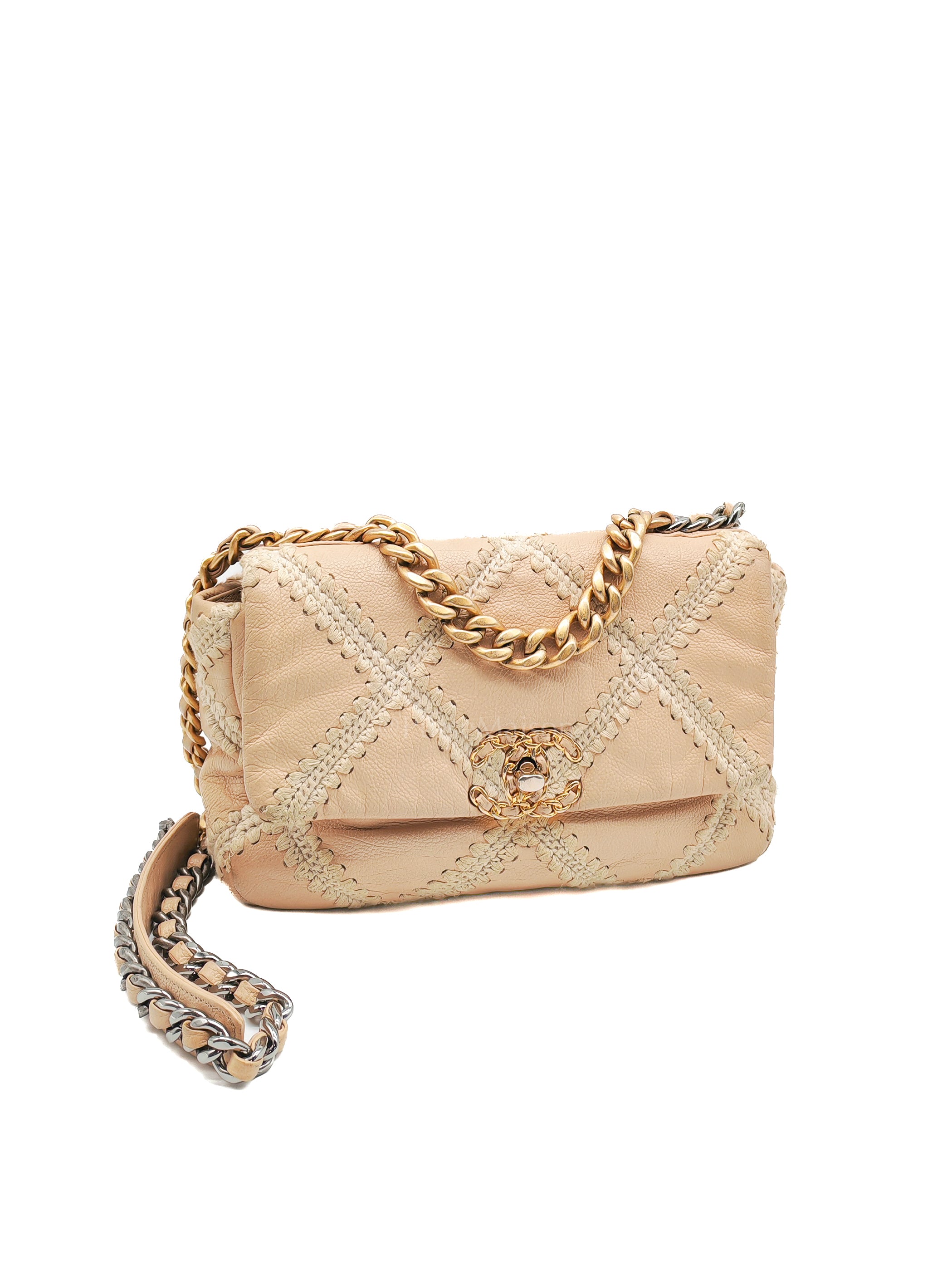 19 Flap Bag in Beige Crochet Quilted Calfskin Leather & Mix Hardware Series 30 | Purse Maison Luxury Bags Shop