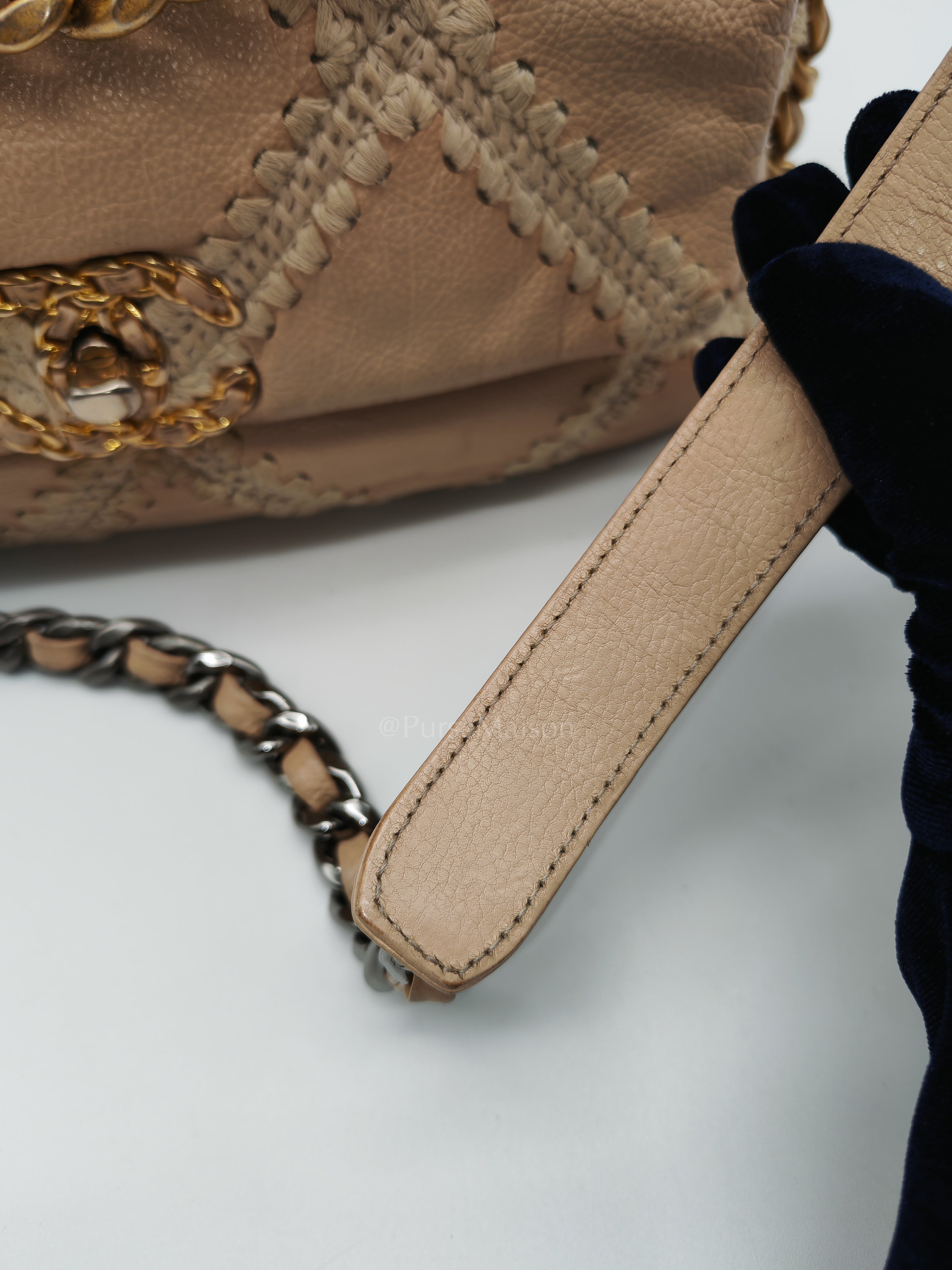 19 Flap Bag in Beige Crochet Quilted Calfskin Leather & Mix Hardware Series 30 | Purse Maison Luxury Bags Shop