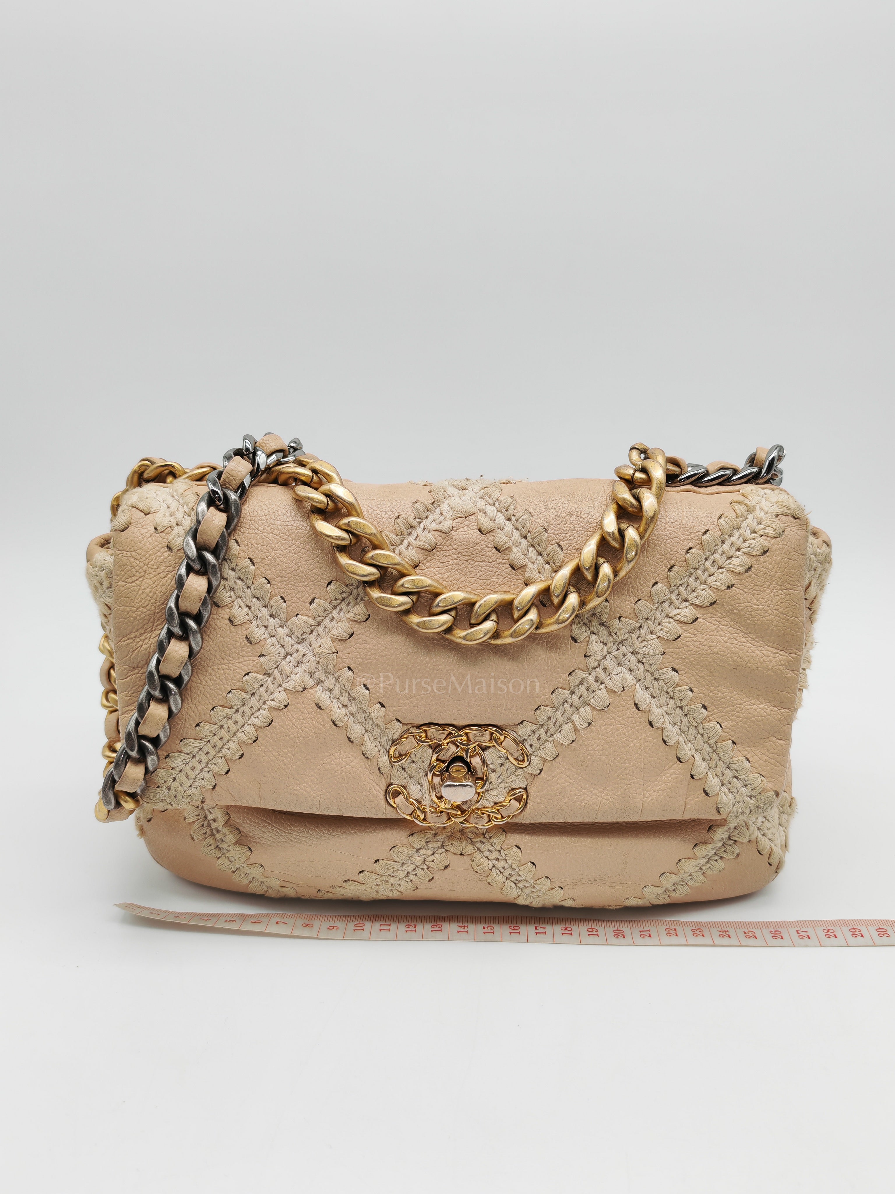 19 Flap Bag in Beige Crochet Quilted Calfskin Leather & Mix Hardware Series 30 | Purse Maison Luxury Bags Shop