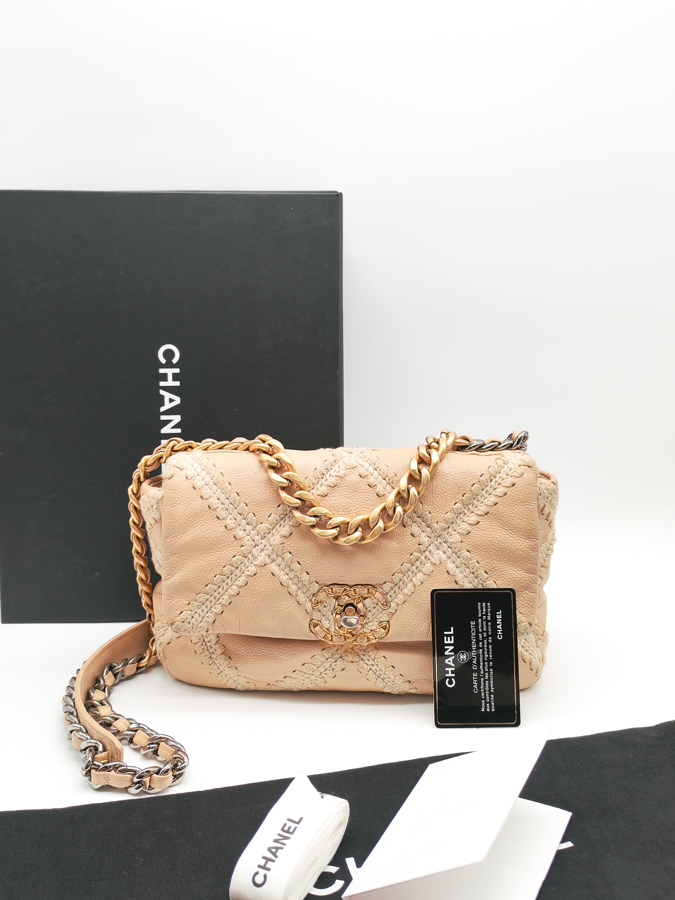 19 Flap Bag in Beige Crochet Quilted Calfskin Leather & Mix Hardware Series 30 | Purse Maison Luxury Bags Shop