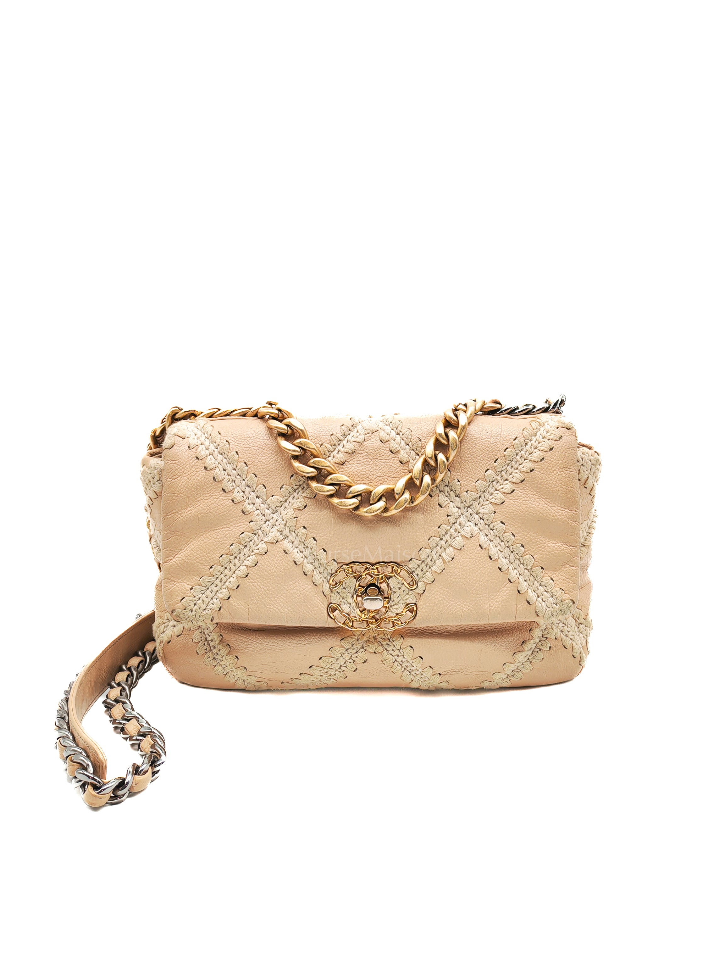 19 Flap Bag in Beige Crochet Quilted Calfskin Leather & Mix Hardware Series 30 | Purse Maison Luxury Bags Shop