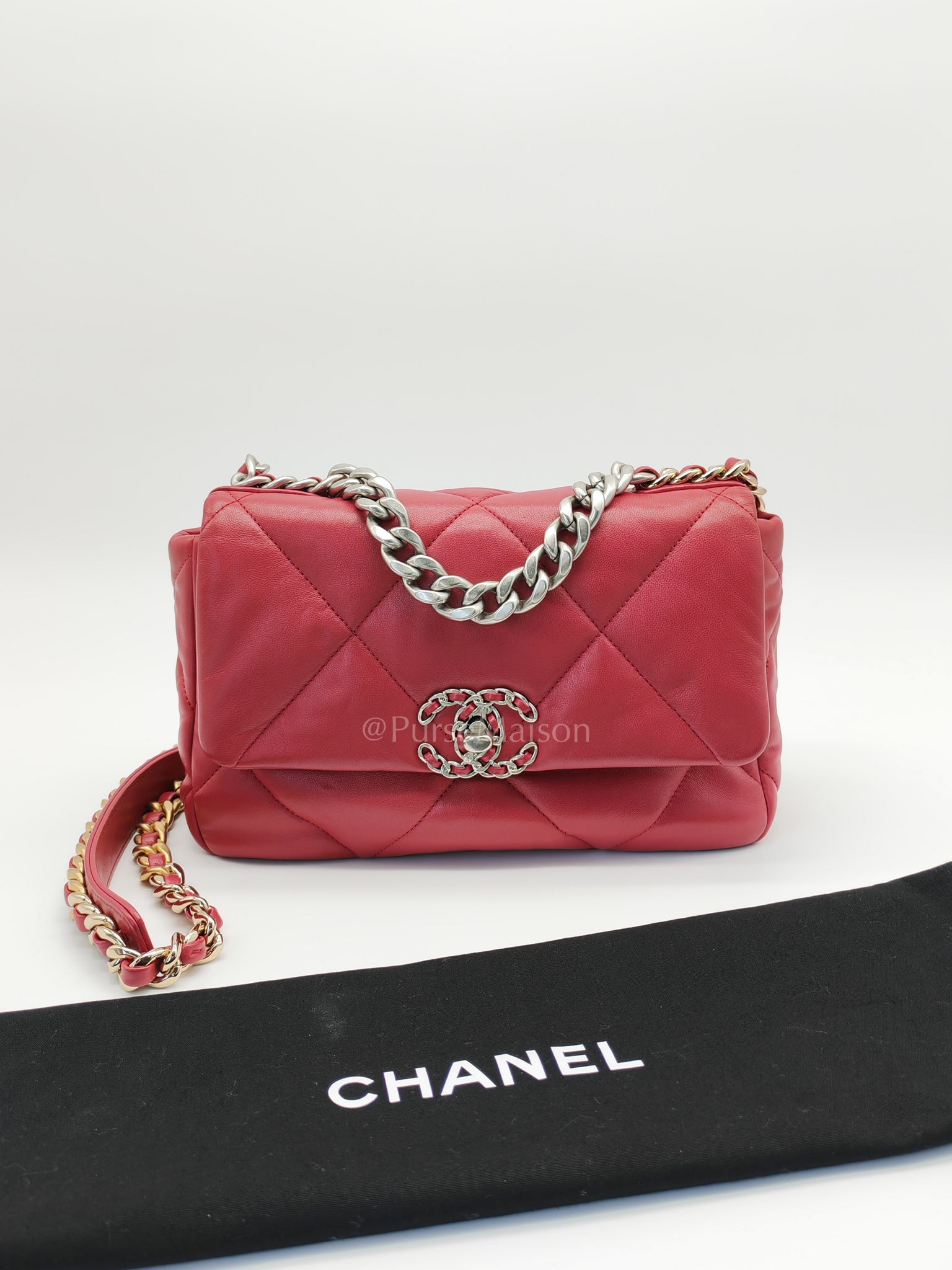 19 Flap Bag in Dark Pink Lambskin Leather and Mix Hardware Microchip | Purse Maison Luxury Bags Shop