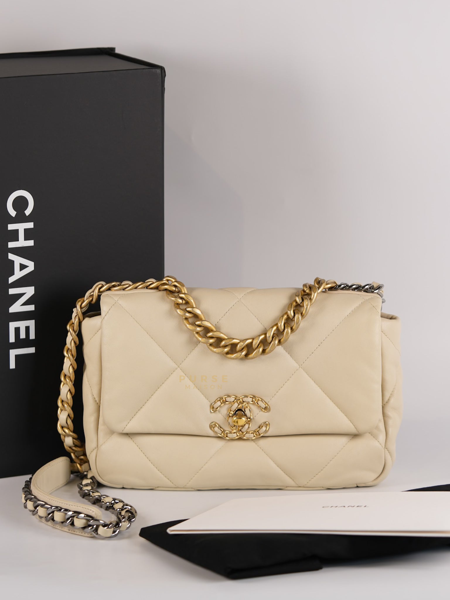 19 Flap Bag Medium in Beige Quilted Lambskin Leather Series 30 | Purse Maison Luxury Bags Shop