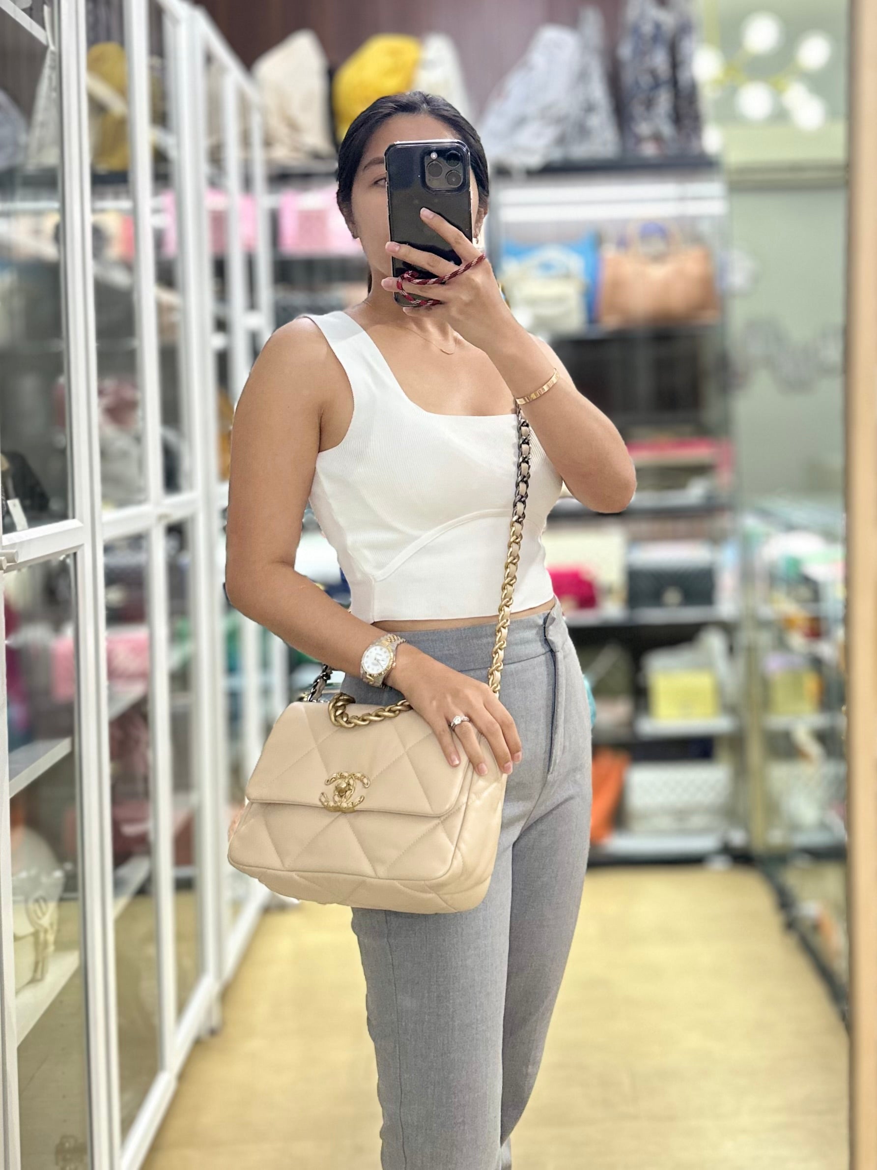 19 Flap Bag Small Beige Quilted Lambskin Leather Mixed Hardware Series 30 | Purse Maison Luxury Bags Shop