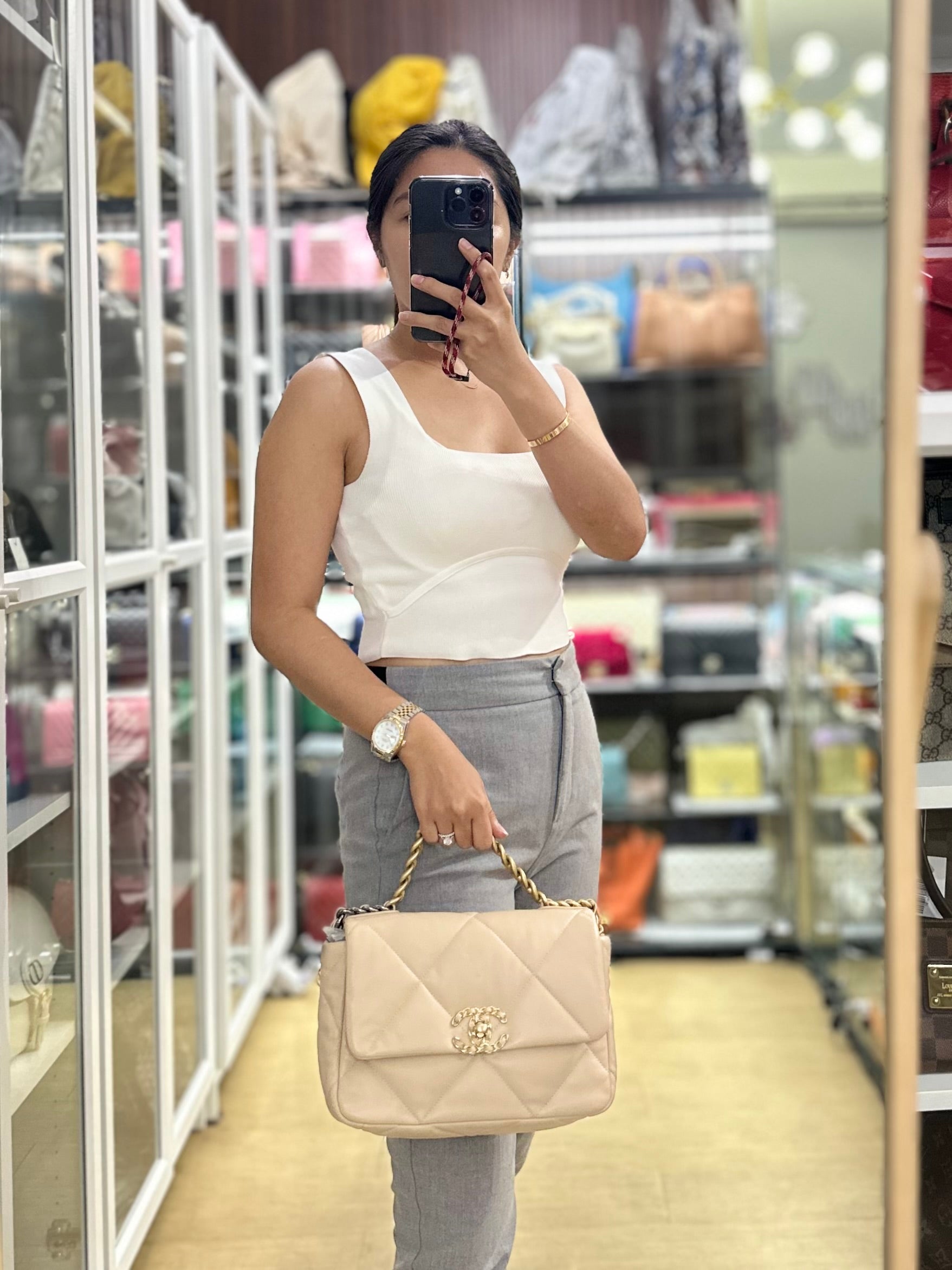 19 Flap Bag Small Beige Quilted Lambskin Leather Mixed Hardware Series 30 | Purse Maison Luxury Bags Shop