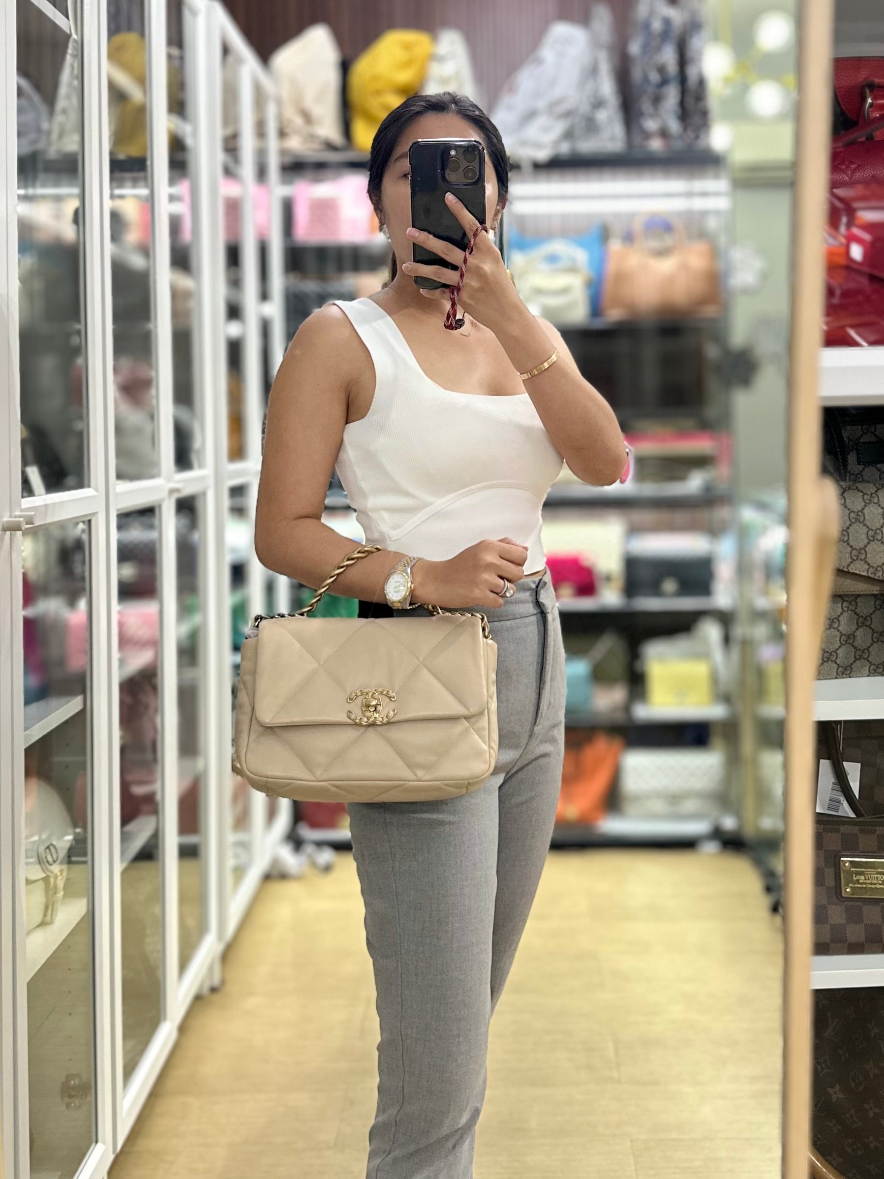 19 Flap Bag Small Beige Quilted Lambskin Leather Mixed Hardware Series 30 | Purse Maison Luxury Bags Shop