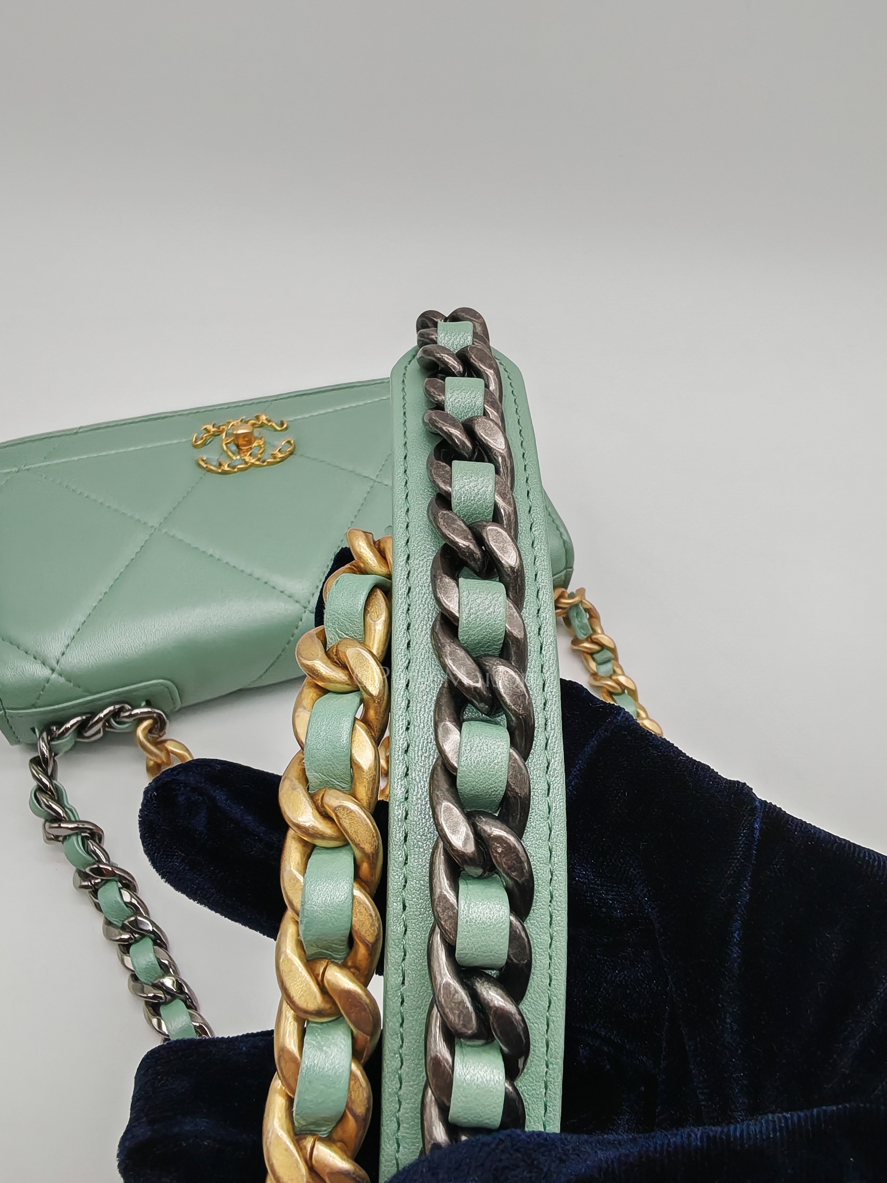 19 Wallet on Chain in Light Green Lambskin Leather & Gold Hardware Microchip | Purse Maison Luxury Bags Shop