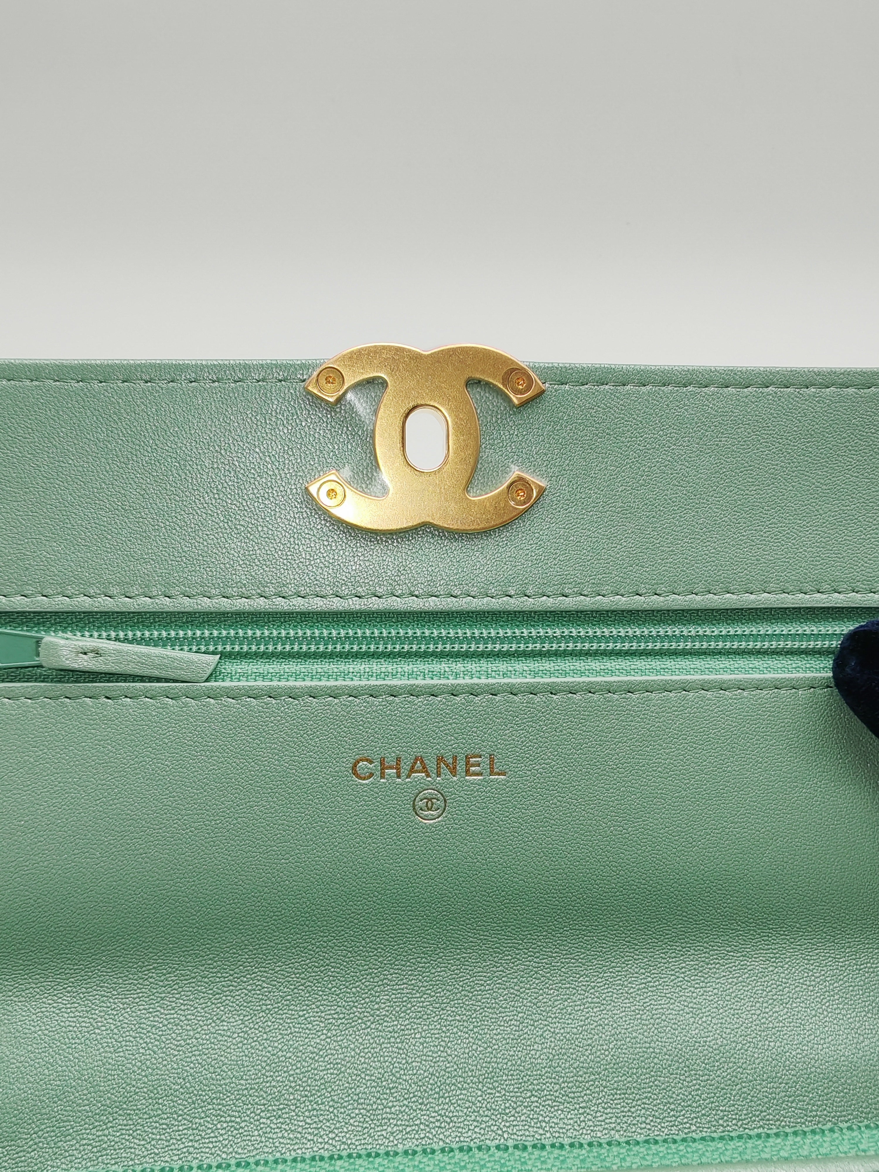 19 Wallet on Chain in Light Green Lambskin Leather & Gold Hardware Microchip | Purse Maison Luxury Bags Shop