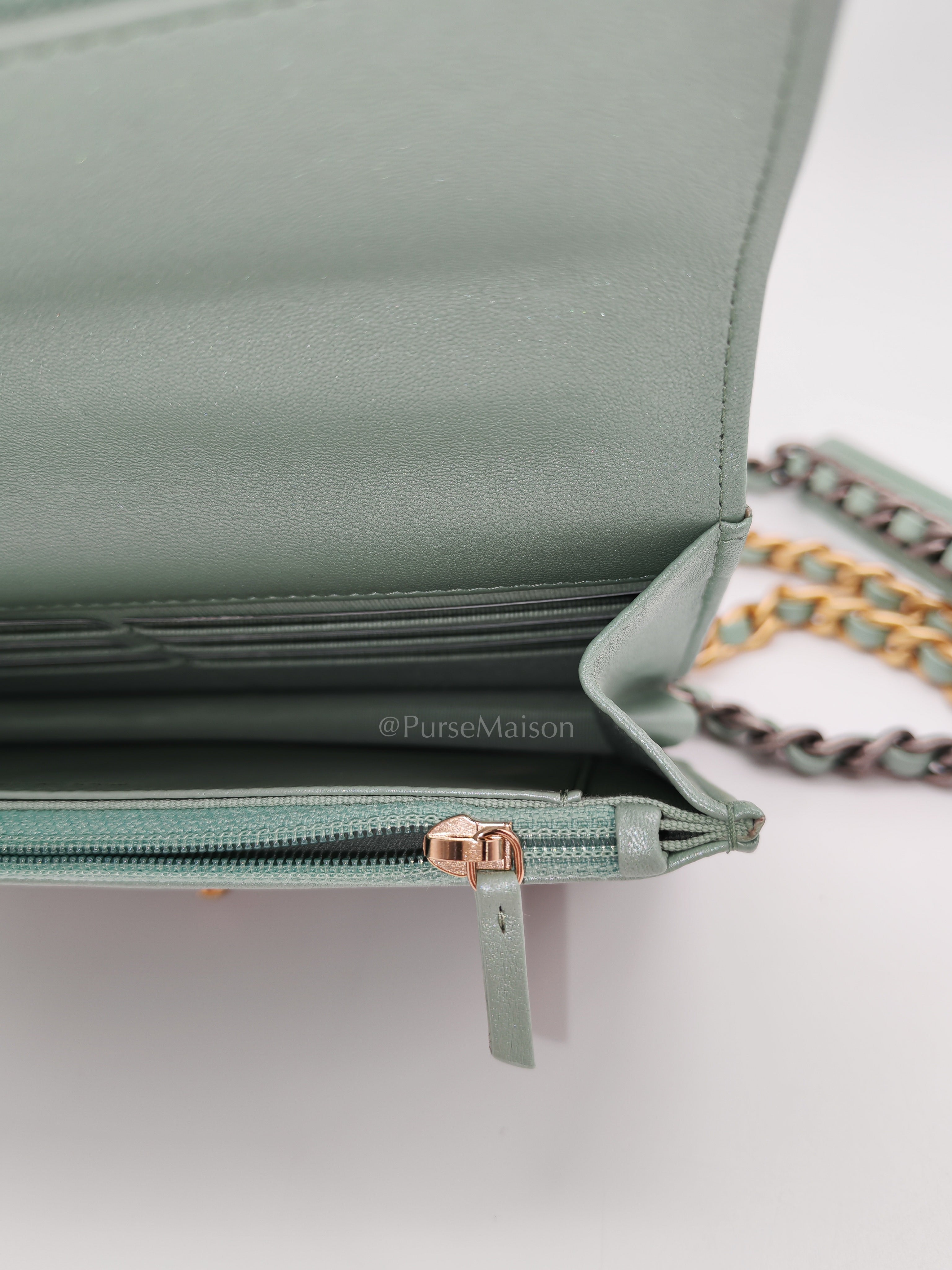 19 Wallet on Chain in Light Green Lambskin Leather & Gold Hardware Microchip | Purse Maison Luxury Bags Shop