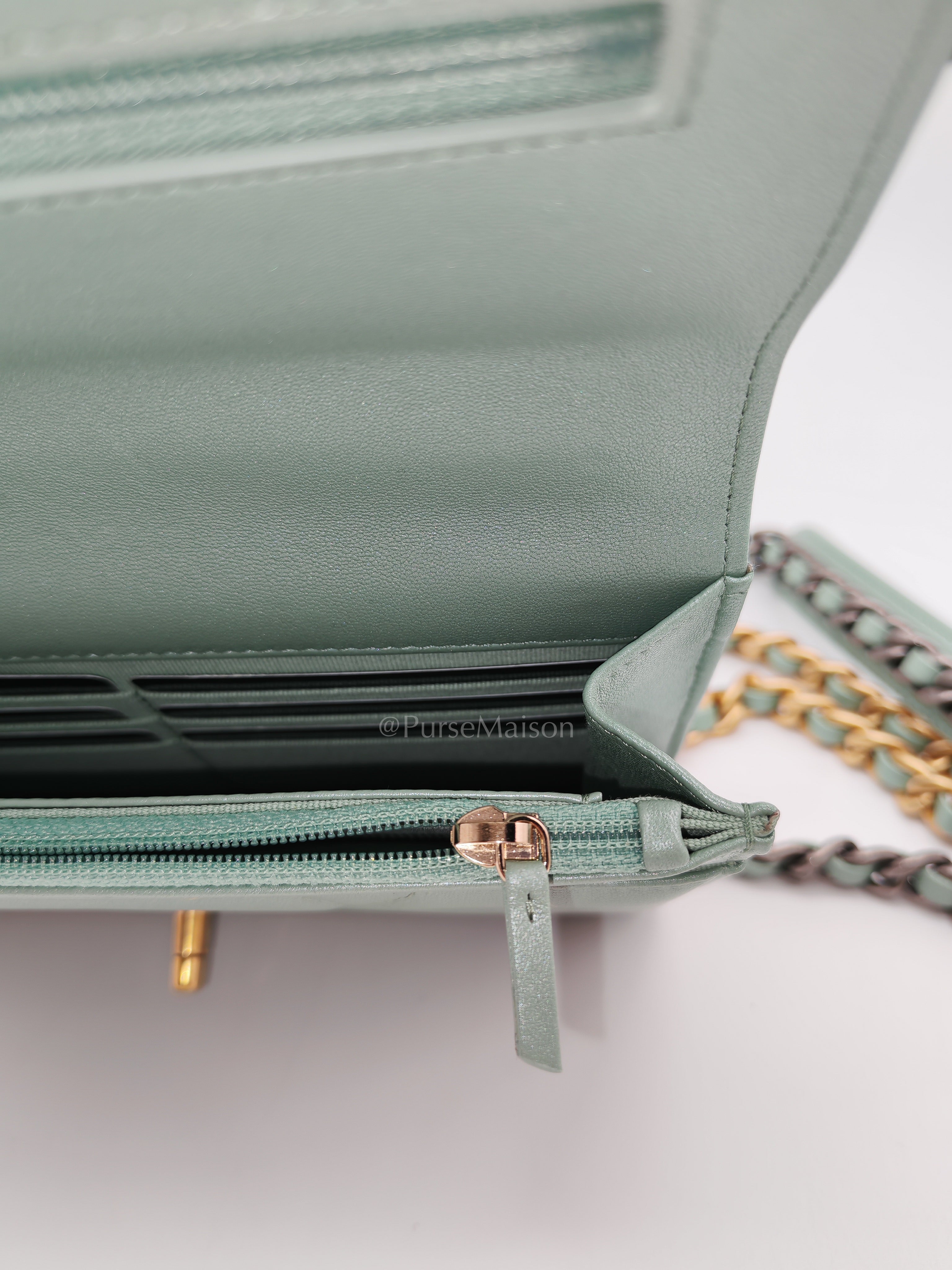 19 Wallet on Chain in Light Green Lambskin Leather & Gold Hardware Microchip | Purse Maison Luxury Bags Shop