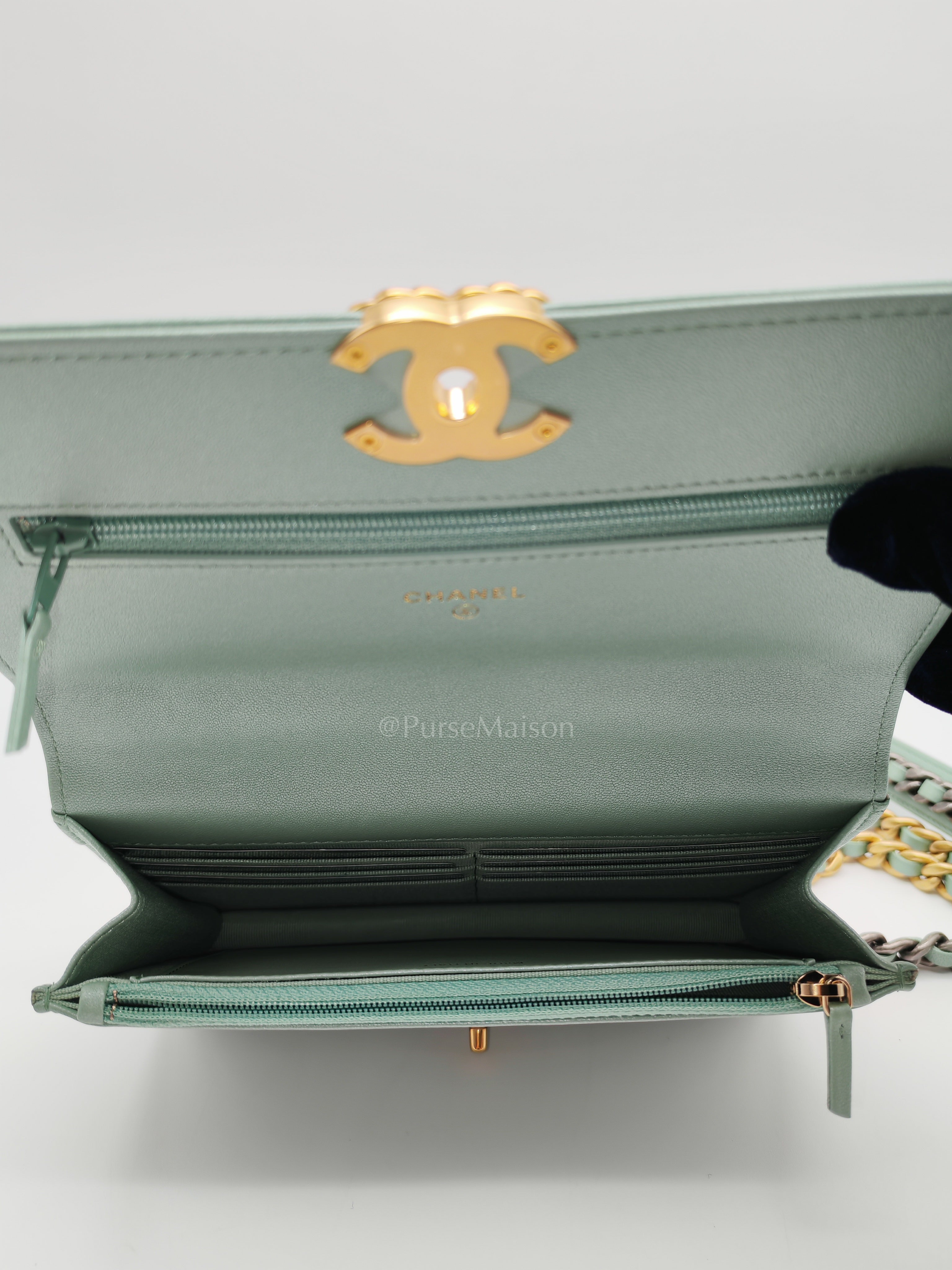 19 Wallet on Chain in Light Green Lambskin Leather & Gold Hardware Microchip | Purse Maison Luxury Bags Shop