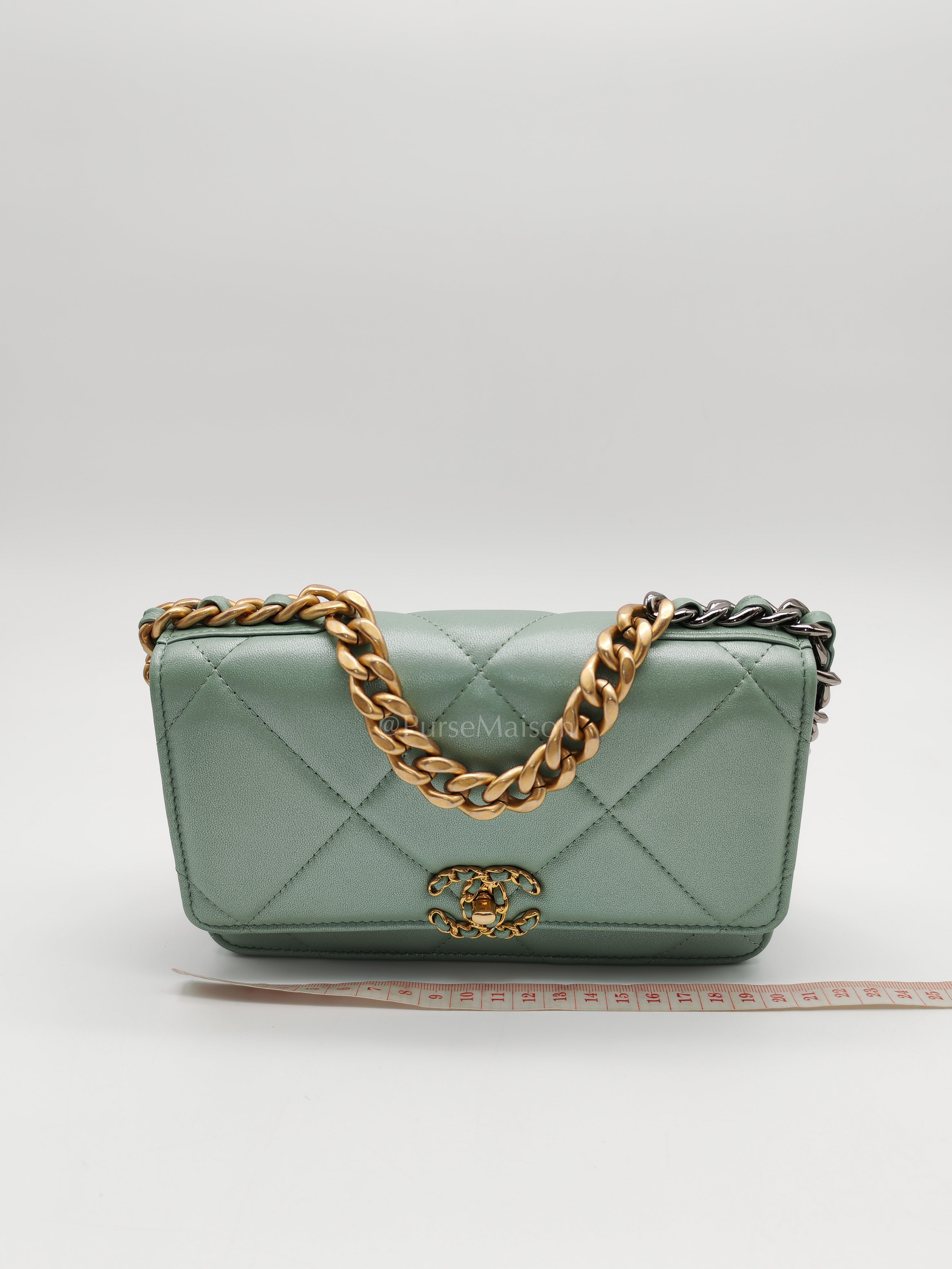 19 Wallet on Chain in Light Green Lambskin Leather & Gold Hardware Microchip | Purse Maison Luxury Bags Shop