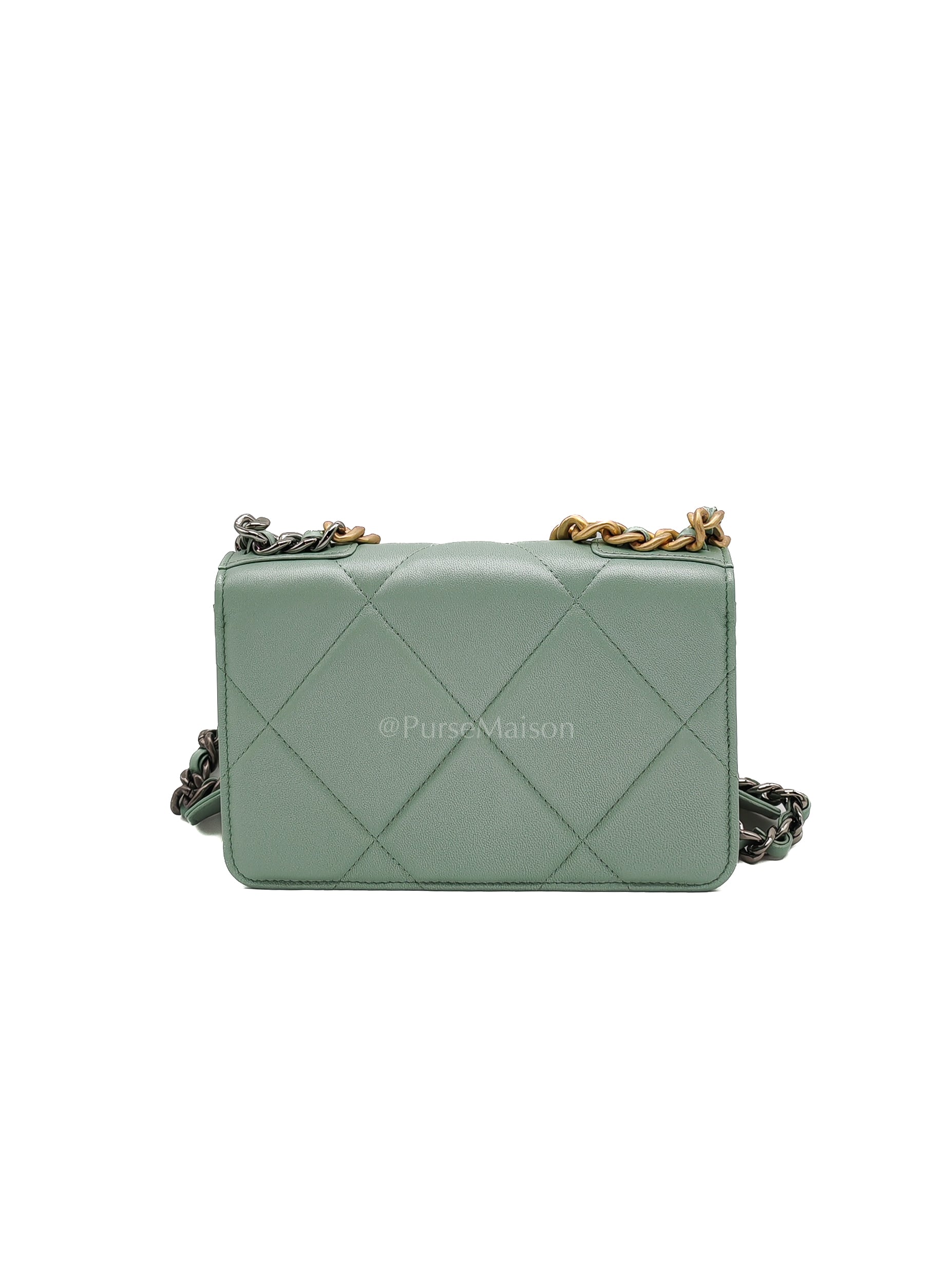 19 Wallet on Chain in Light Green Lambskin Leather & Gold Hardware Microchip | Purse Maison Luxury Bags Shop