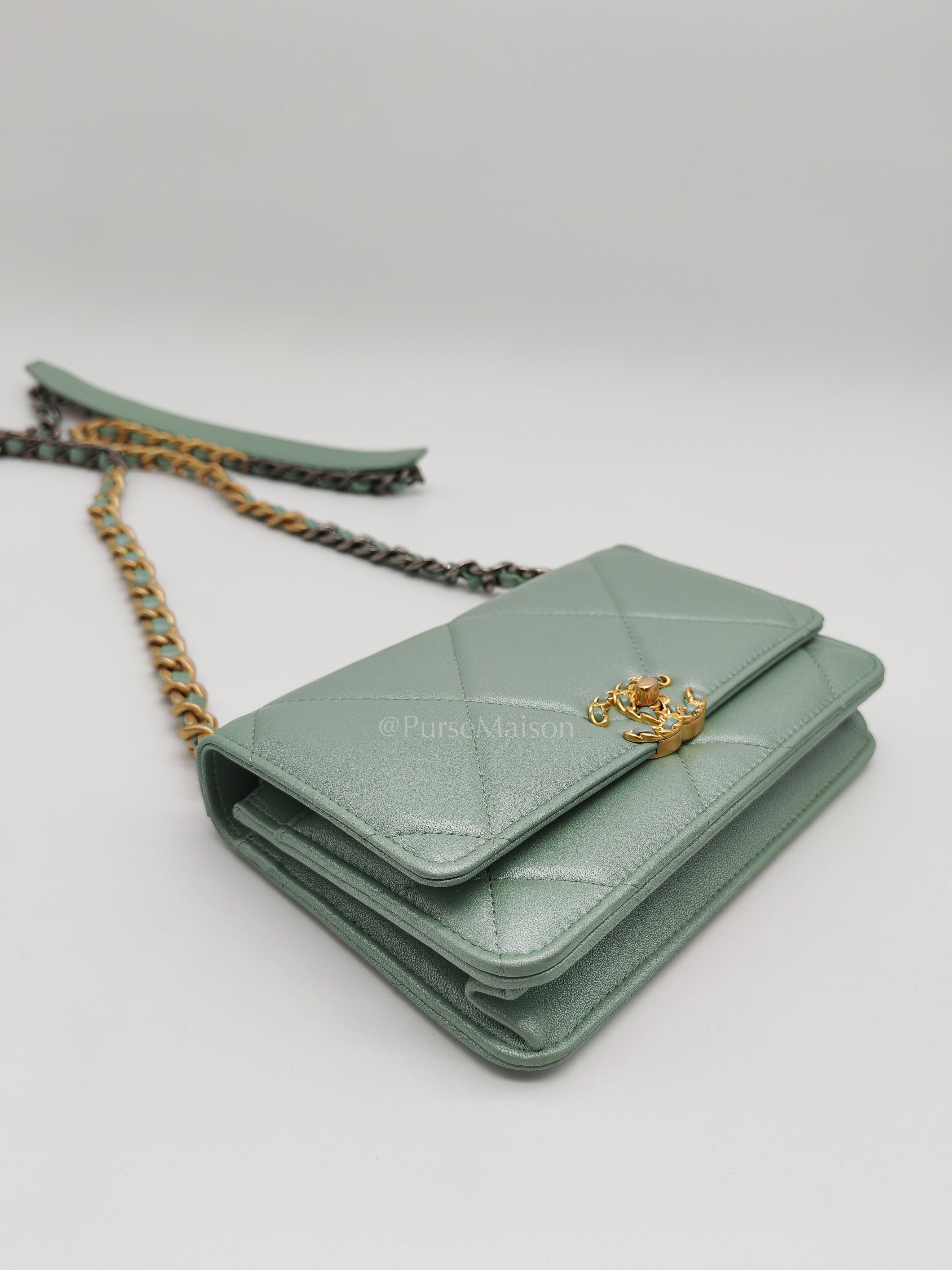 19 Wallet on Chain in Light Green Lambskin Leather & Gold Hardware Microchip | Purse Maison Luxury Bags Shop
