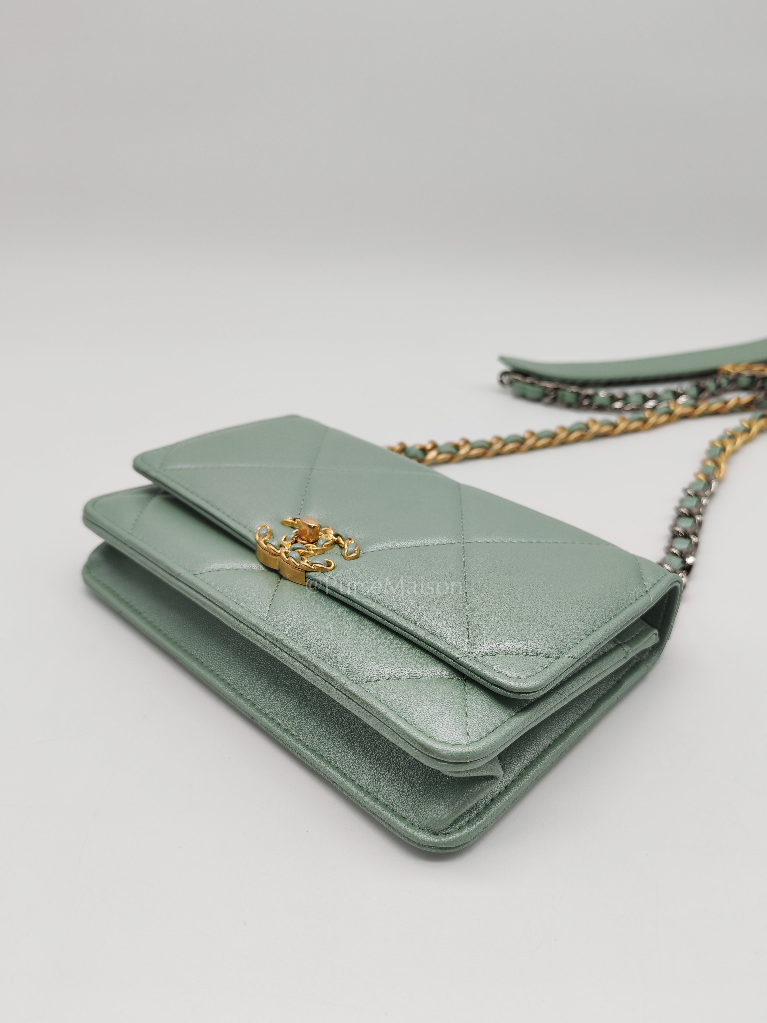 19 Wallet on Chain in Light Green Lambskin Leather & Gold Hardware Microchip | Purse Maison Luxury Bags Shop