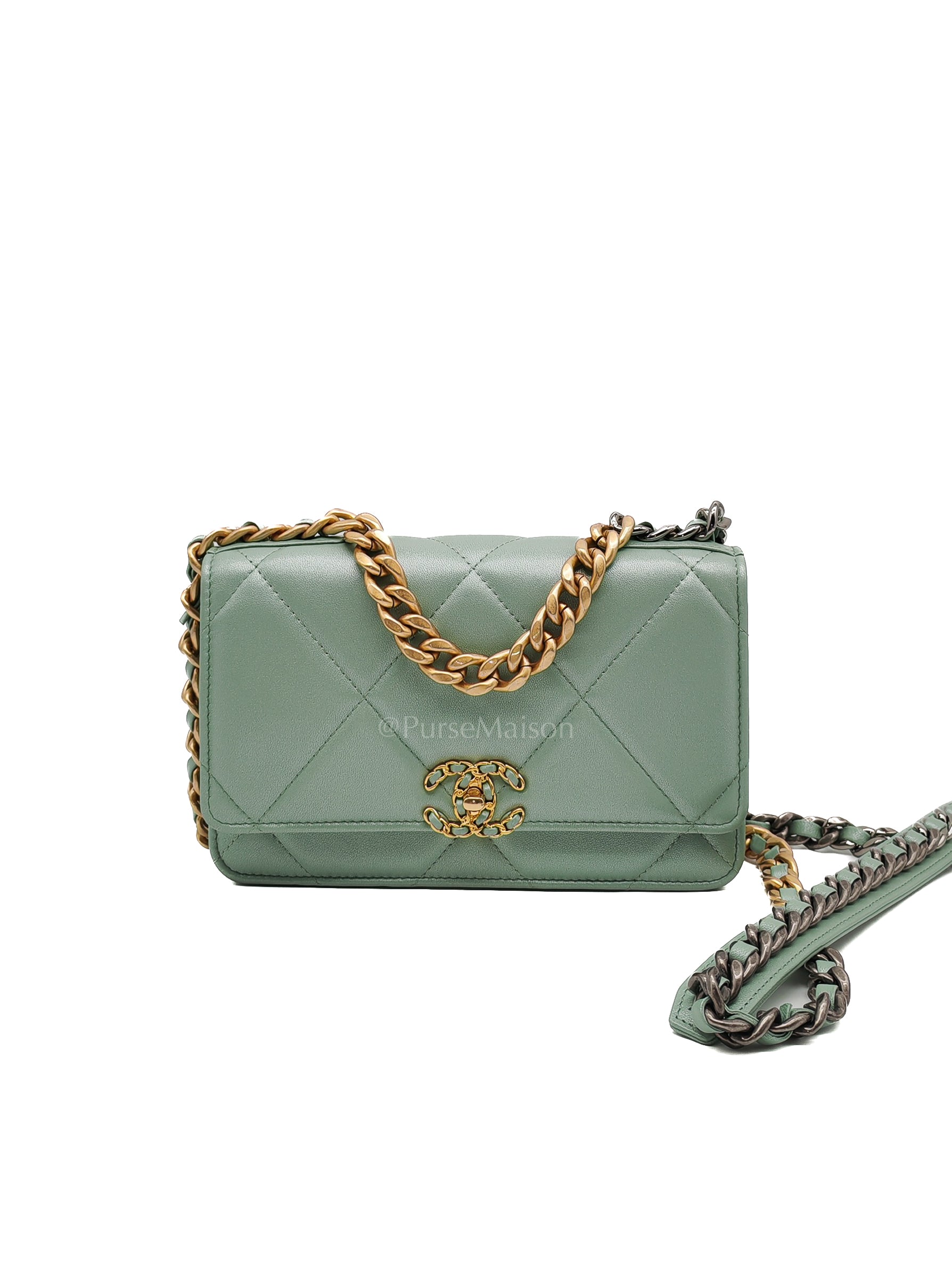 19 Wallet on Chain in Light Green Lambskin Leather & Gold Hardware Microchip | Purse Maison Luxury Bags Shop