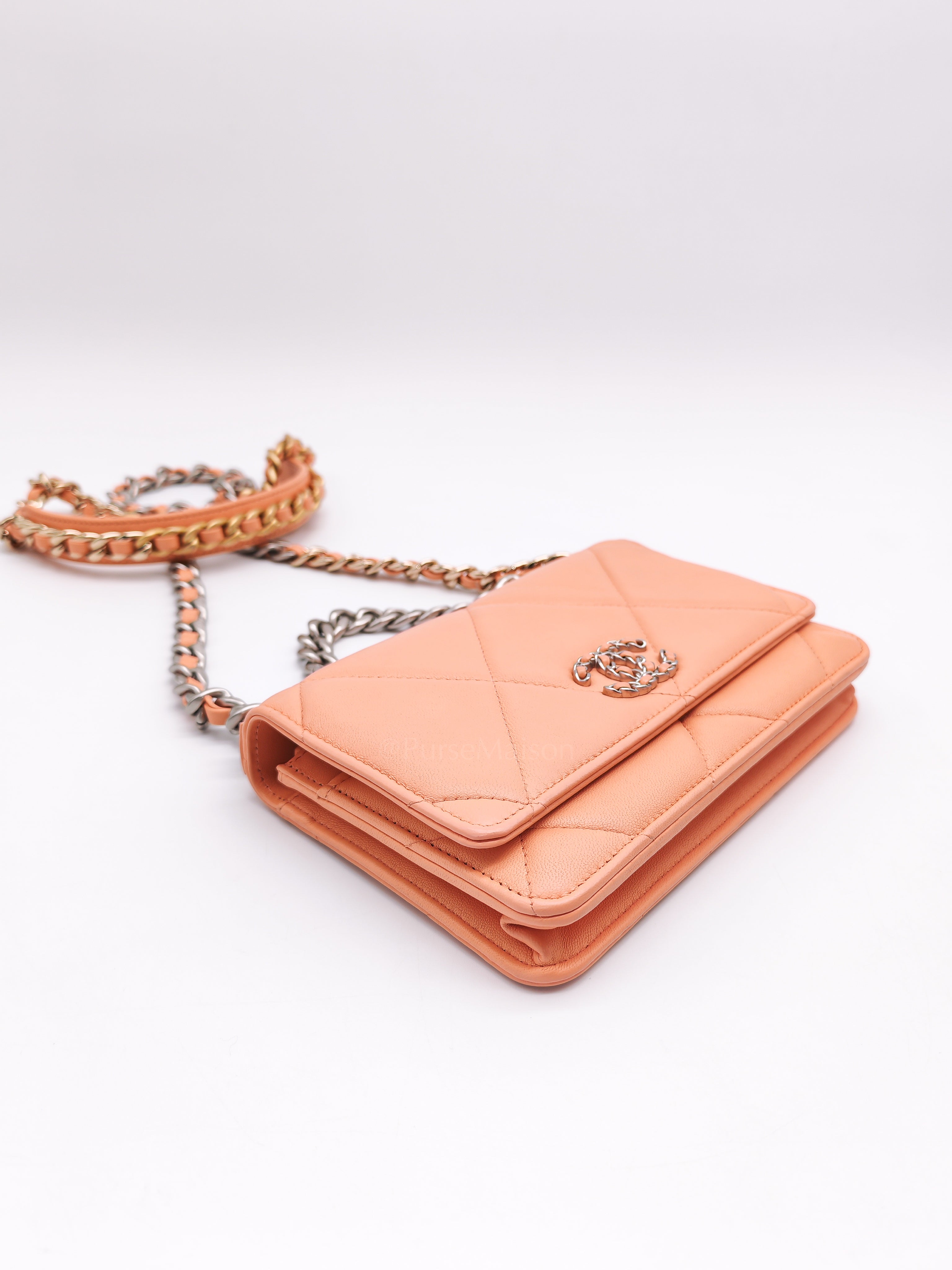 19 Wallet on Chain(WOC) in Pink Salmon Lambskin Mix Hardware Lambskin Leather (Microchip) | Purse Maison Luxury Bags Shop