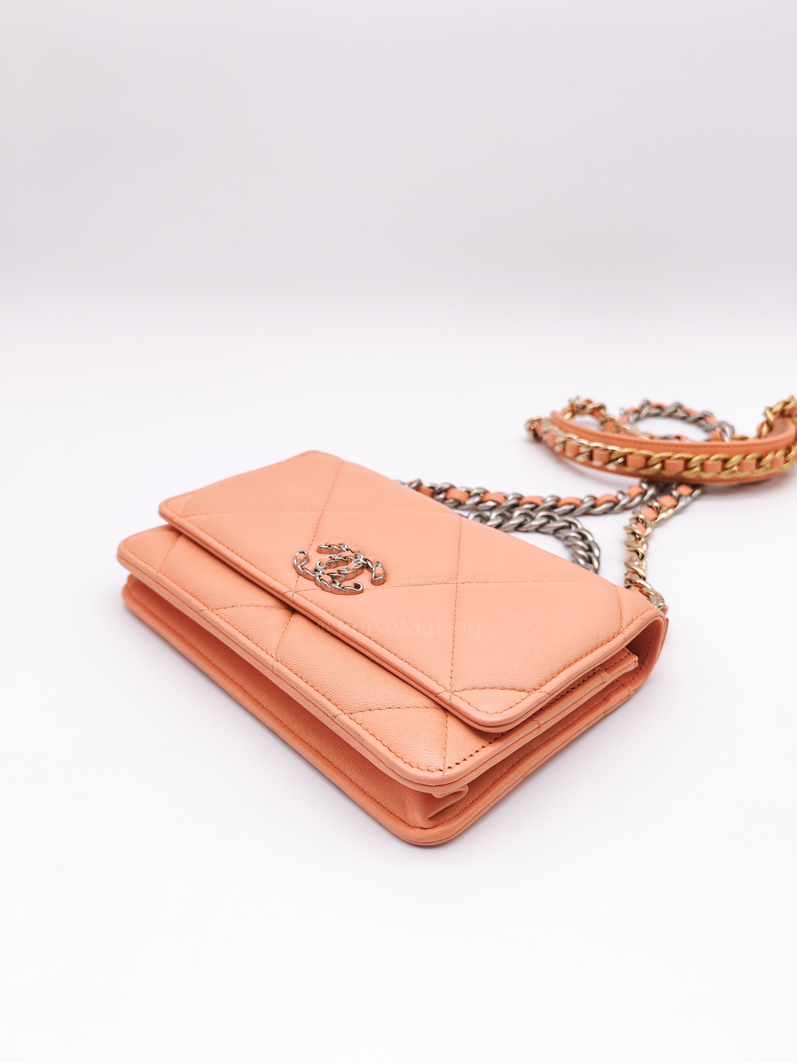 19 Wallet on Chain(WOC) in Pink Salmon Lambskin Mix Hardware Lambskin Leather (Microchip) | Purse Maison Luxury Bags Shop