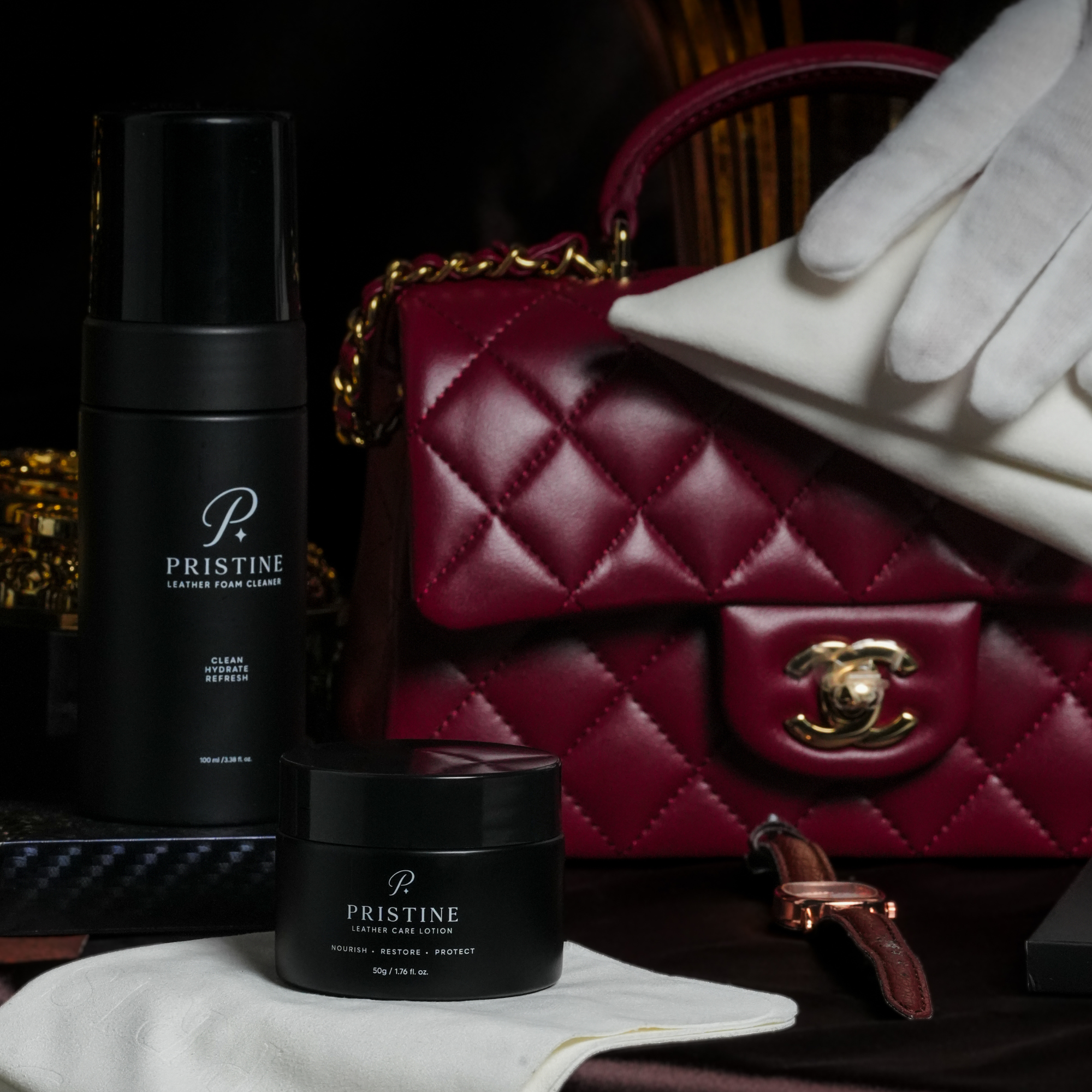 Pristine Leather Care System – Foam Cleaner 100ml, Care Lotion 50g & Cloth
