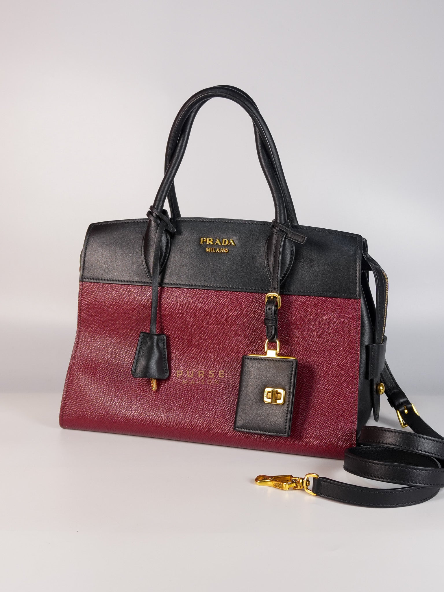 1BA046 City Esplanade Medium Bicolor (Cerise/Nero) Saffiano Tote Bag | Purse Maison Luxury Bags Shop