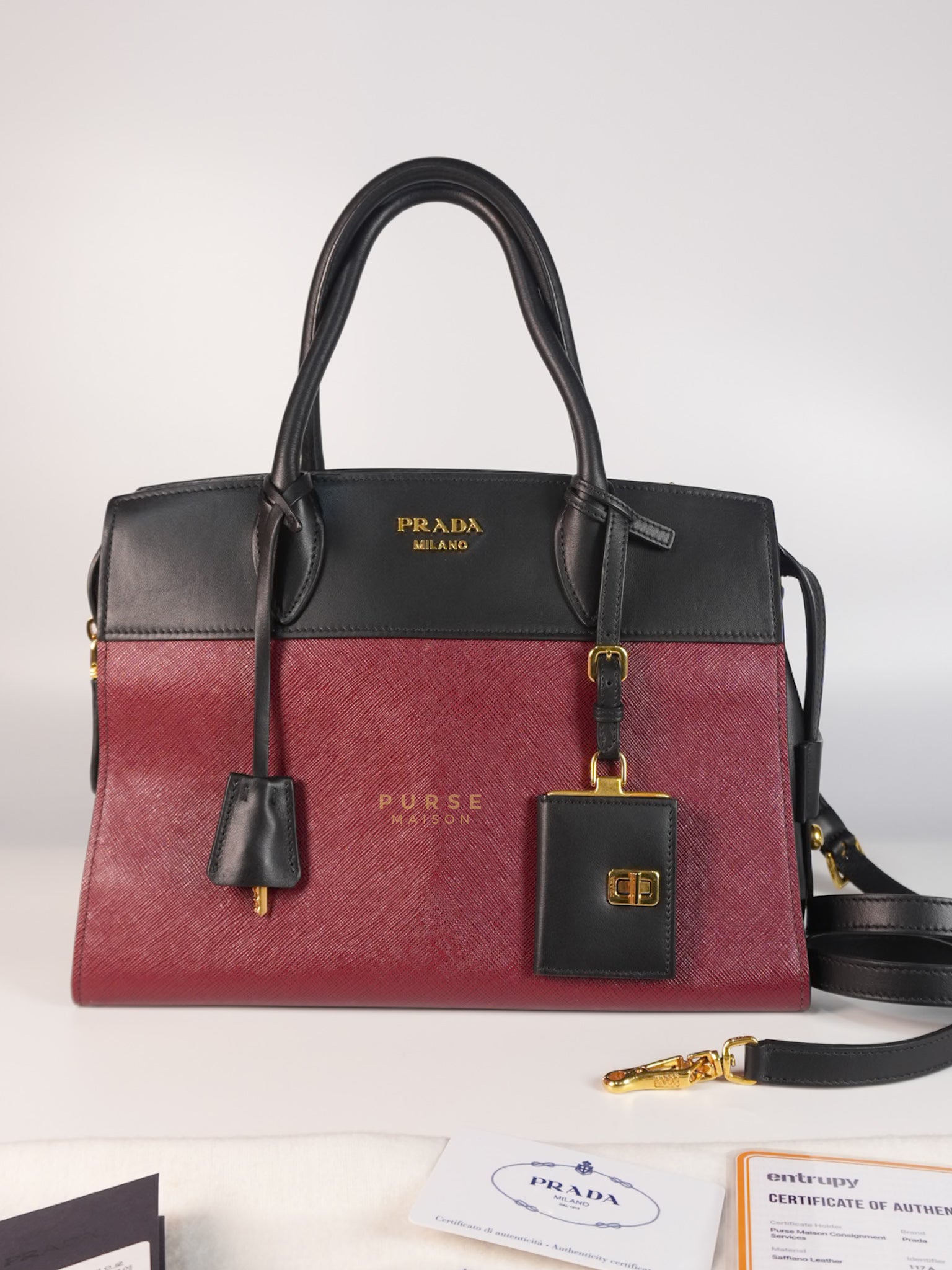 1BA046 City Esplanade Medium Bicolor (Cerise/Nero) Saffiano Tote Bag | Purse Maison Luxury Bags Shop