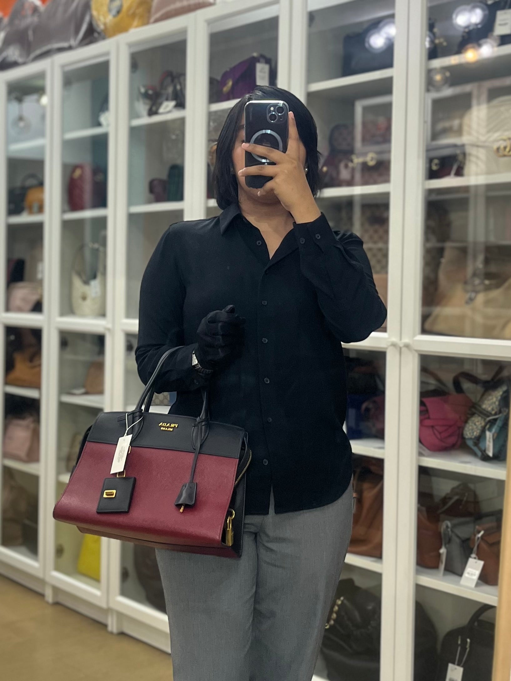 1BA046 City Esplanade Medium Bicolor (Cerise/Nero) Saffiano Tote Bag | Purse Maison Luxury Bags Shop