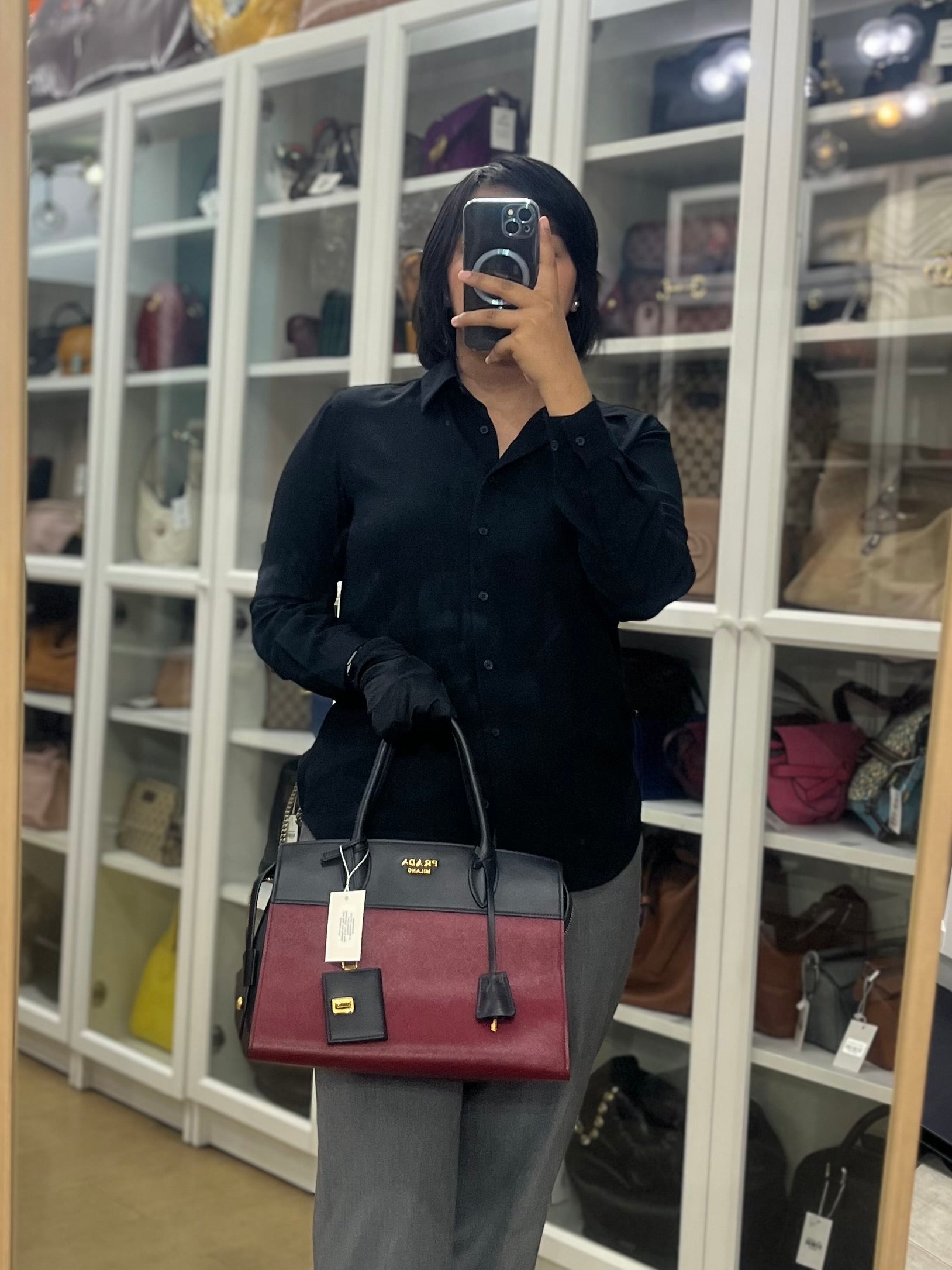 1BA046 City Esplanade Medium Bicolor (Cerise/Nero) Saffiano Tote Bag | Purse Maison Luxury Bags Shop