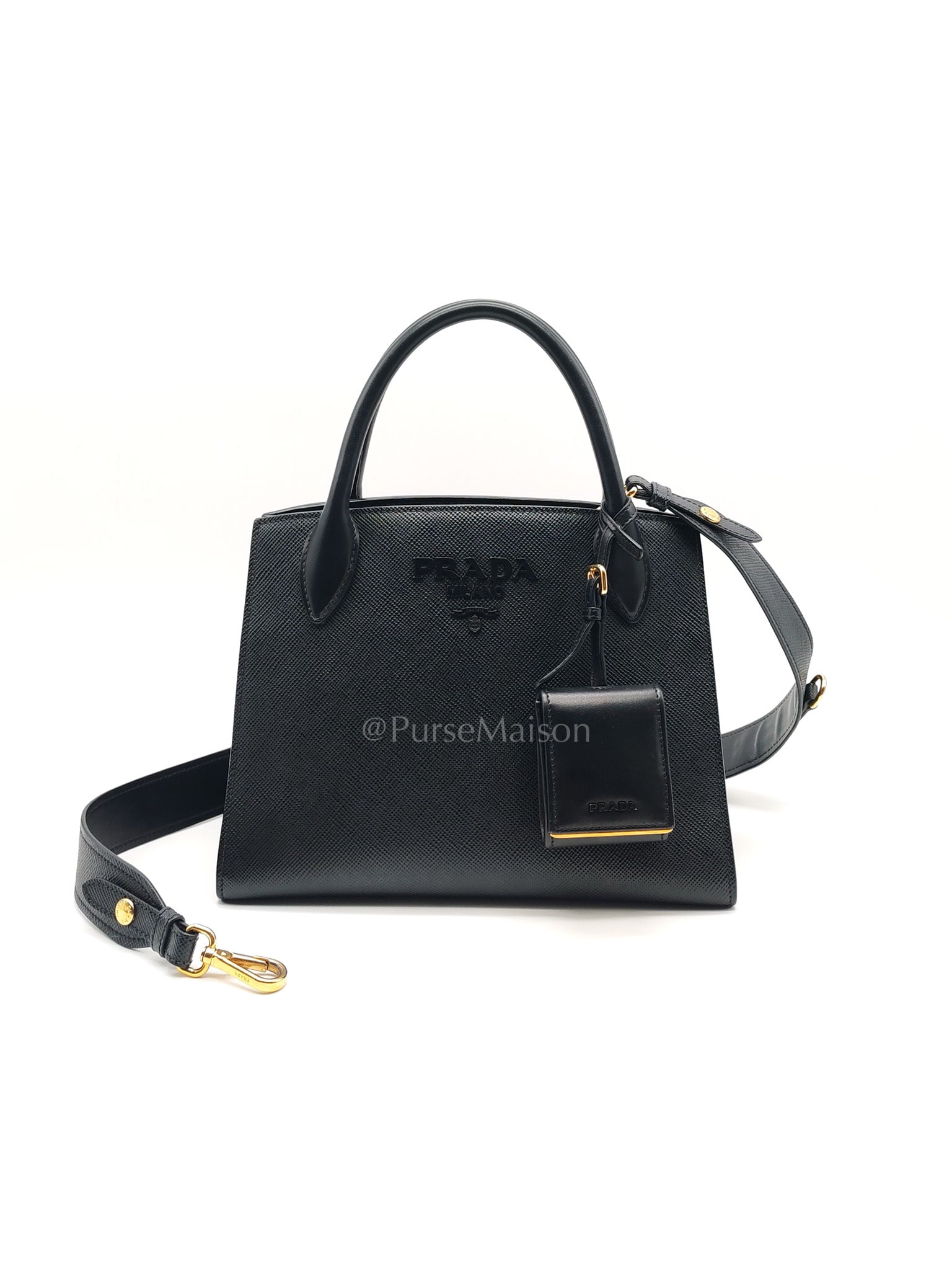 1BA156 Monochrome Bag Small in Black Saffiano Cuir Leater Gold Hardware | Purse Maison Luxury Bags Shop