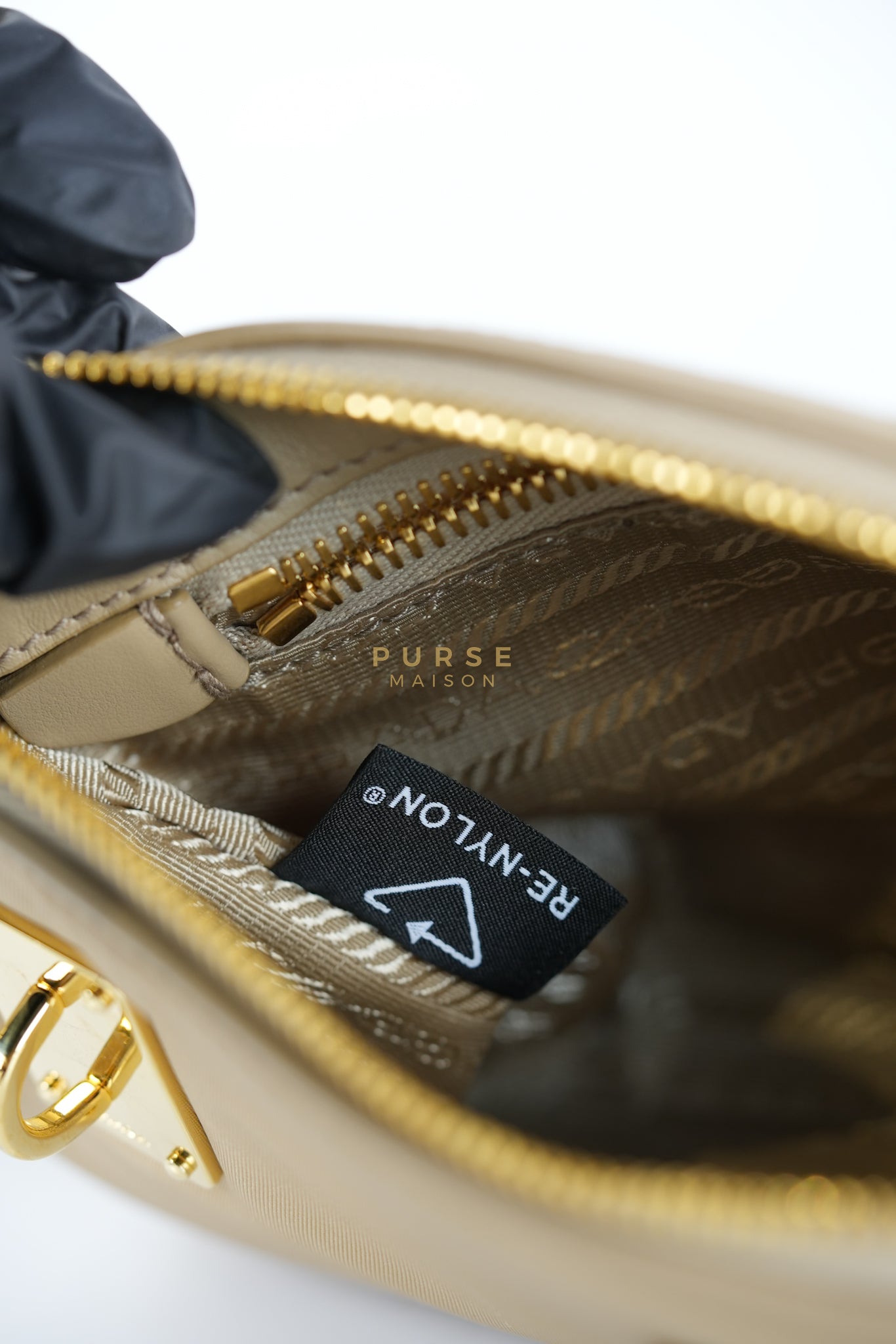 1BC234 Re-nylon and Leather Shoulder Bag in Camel | Purse Maison Luxury Bags Shop