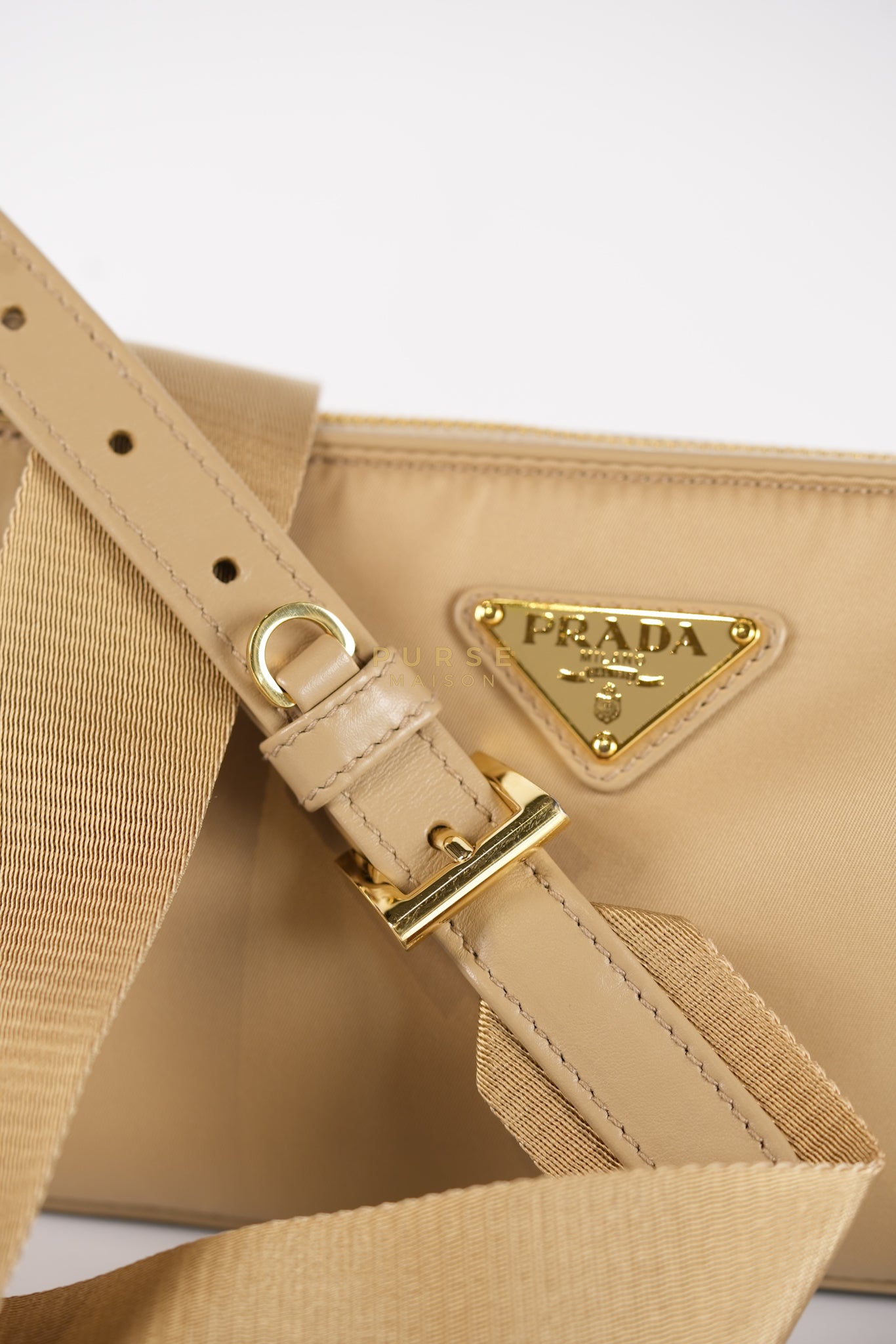 1BC234 Re-nylon and Leather Shoulder Bag in Camel | Purse Maison Luxury Bags Shop