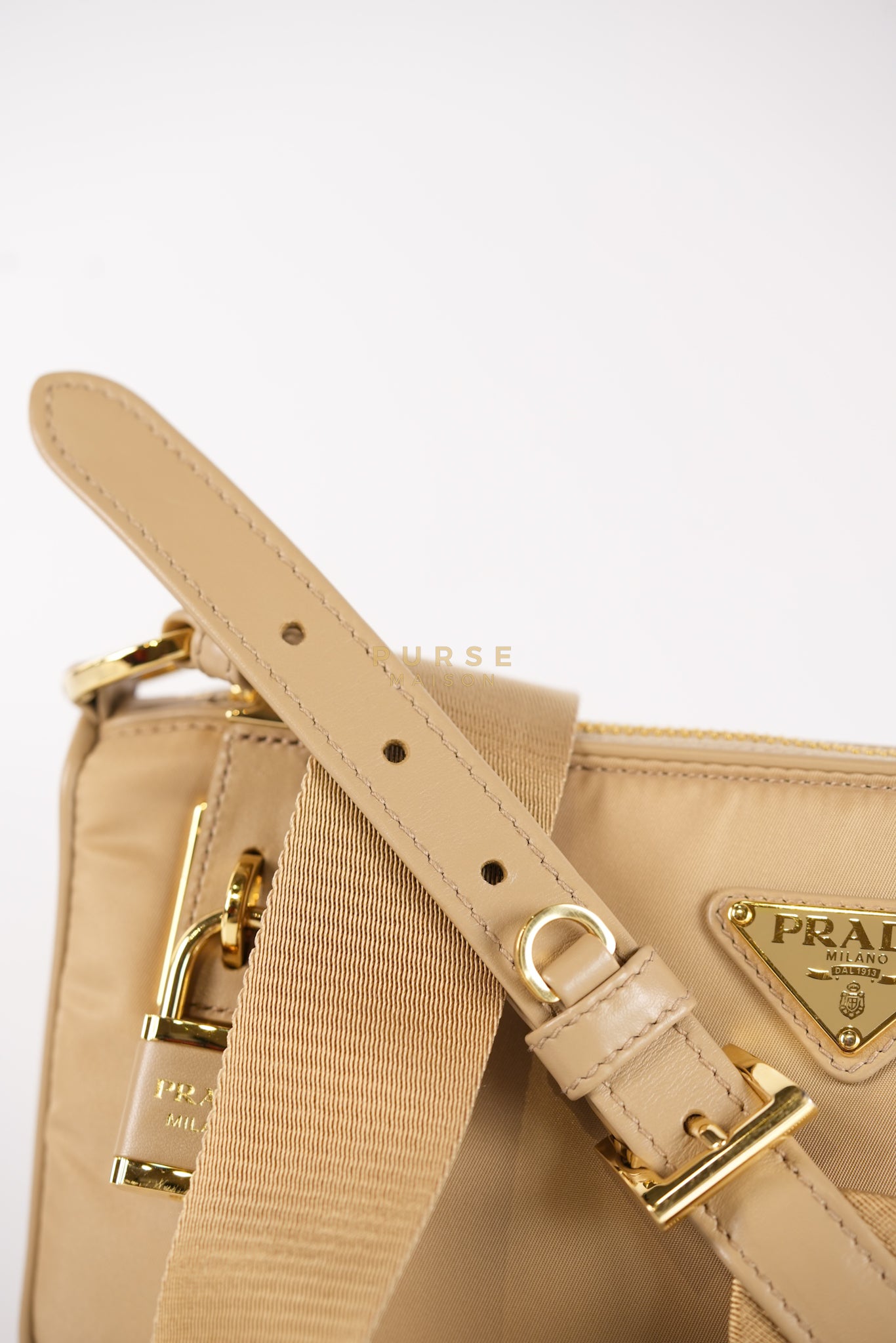 1BC234 Re-nylon and Leather Shoulder Bag in Camel | Purse Maison Luxury Bags Shop