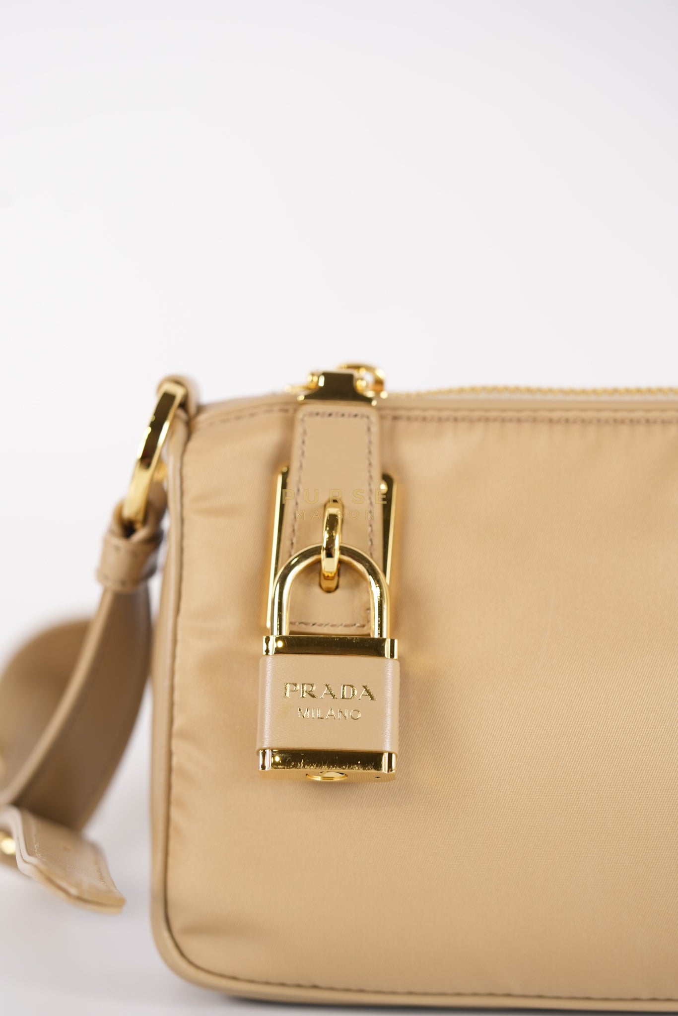 1BC234 Re-nylon and Leather Shoulder Bag in Camel | Purse Maison Luxury Bags Shop