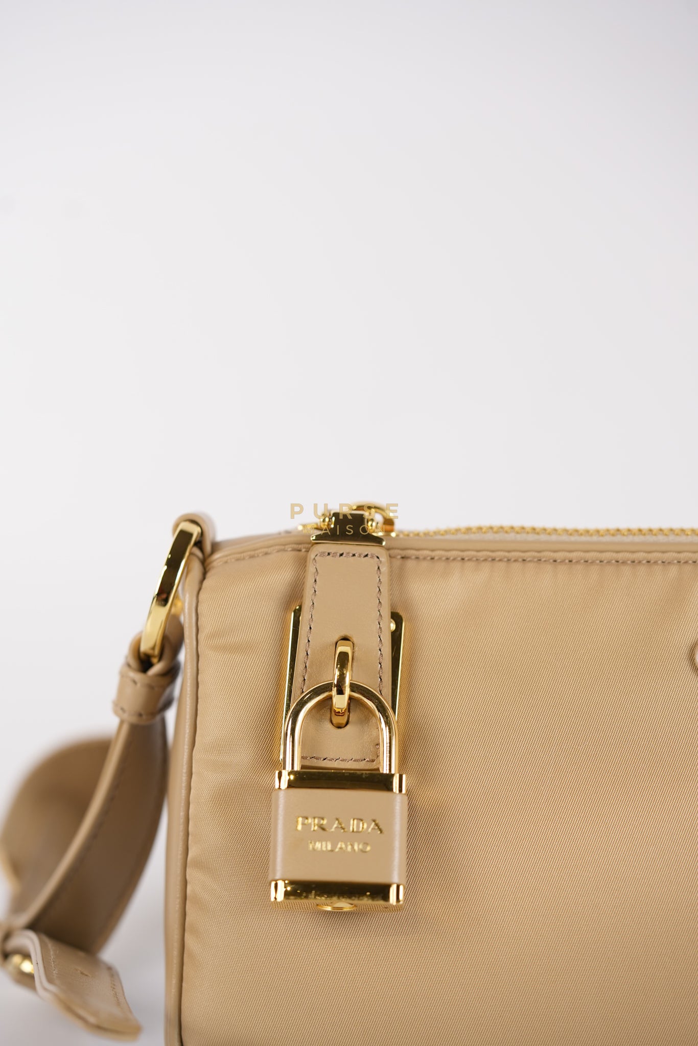 1BC234 Re-nylon and Leather Shoulder Bag in Camel | Purse Maison Luxury Bags Shop