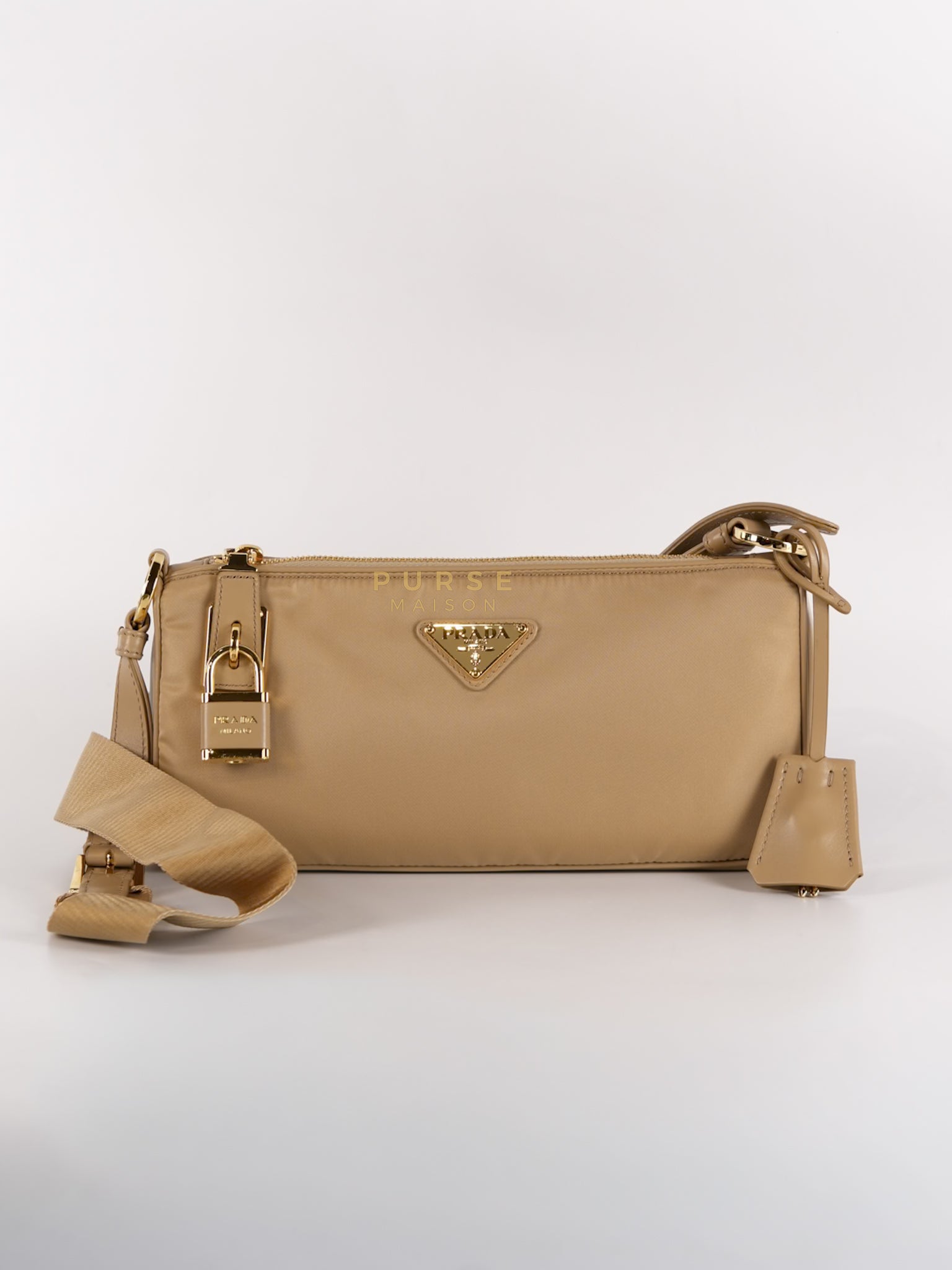 1BC234 Re-nylon and Leather Shoulder Bag in Camel | Purse Maison Luxury Bags Shop