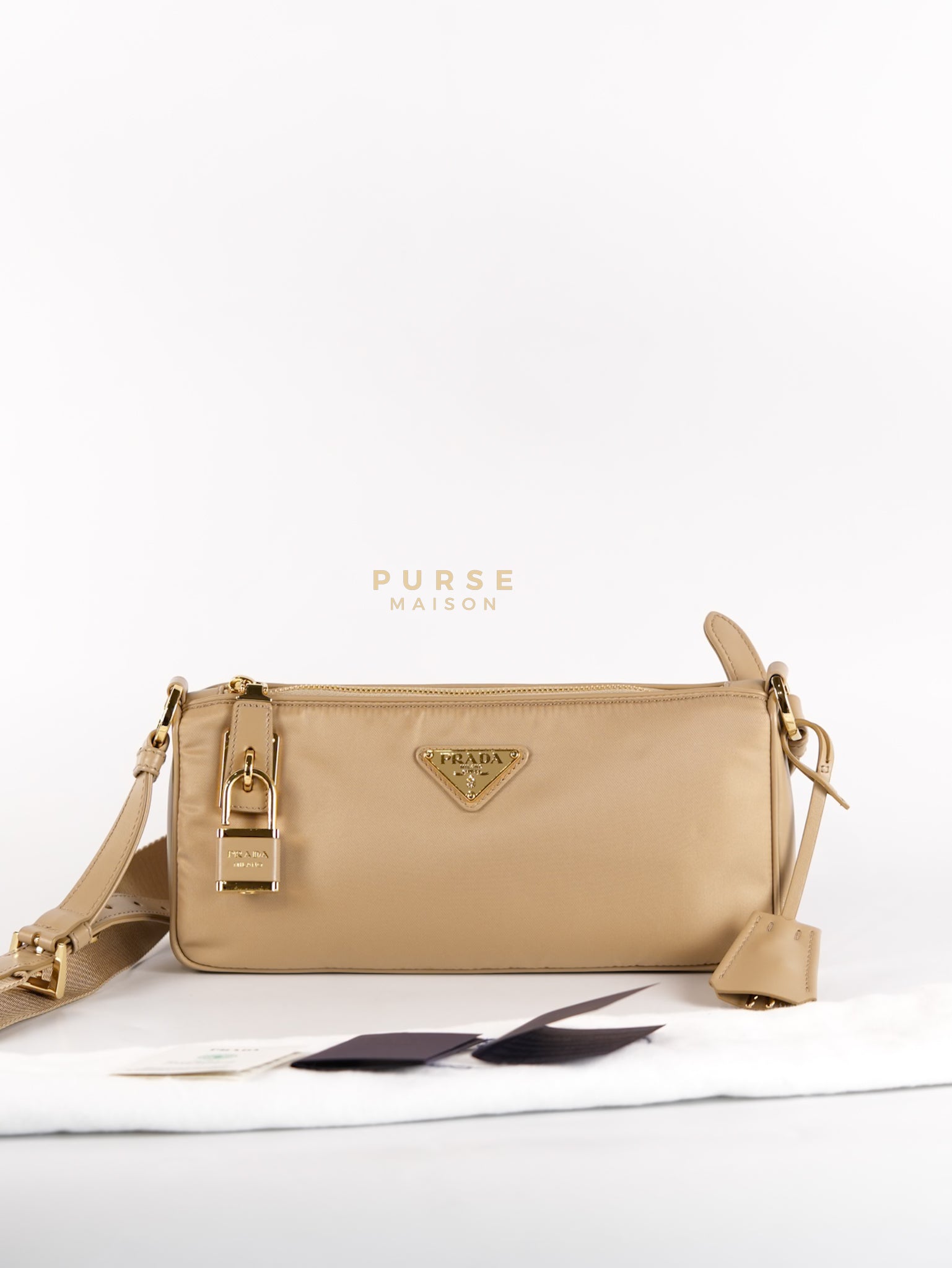 1BC234 Re-nylon and Leather Shoulder Bag in Camel | Purse Maison Luxury Bags Shop