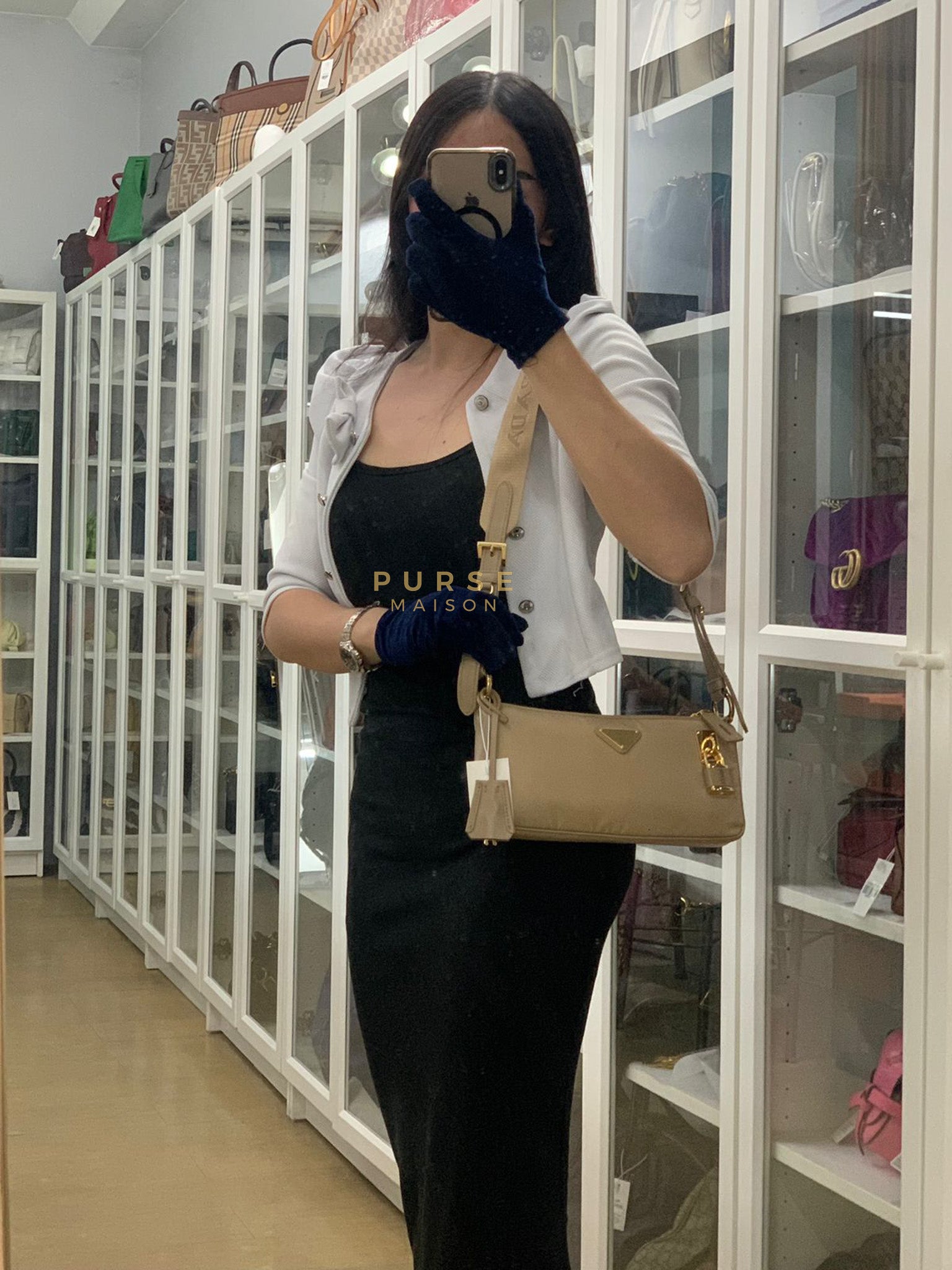 1BC234 Re-nylon and Leather Shoulder Bag in Camel | Purse Maison Luxury Bags Shop