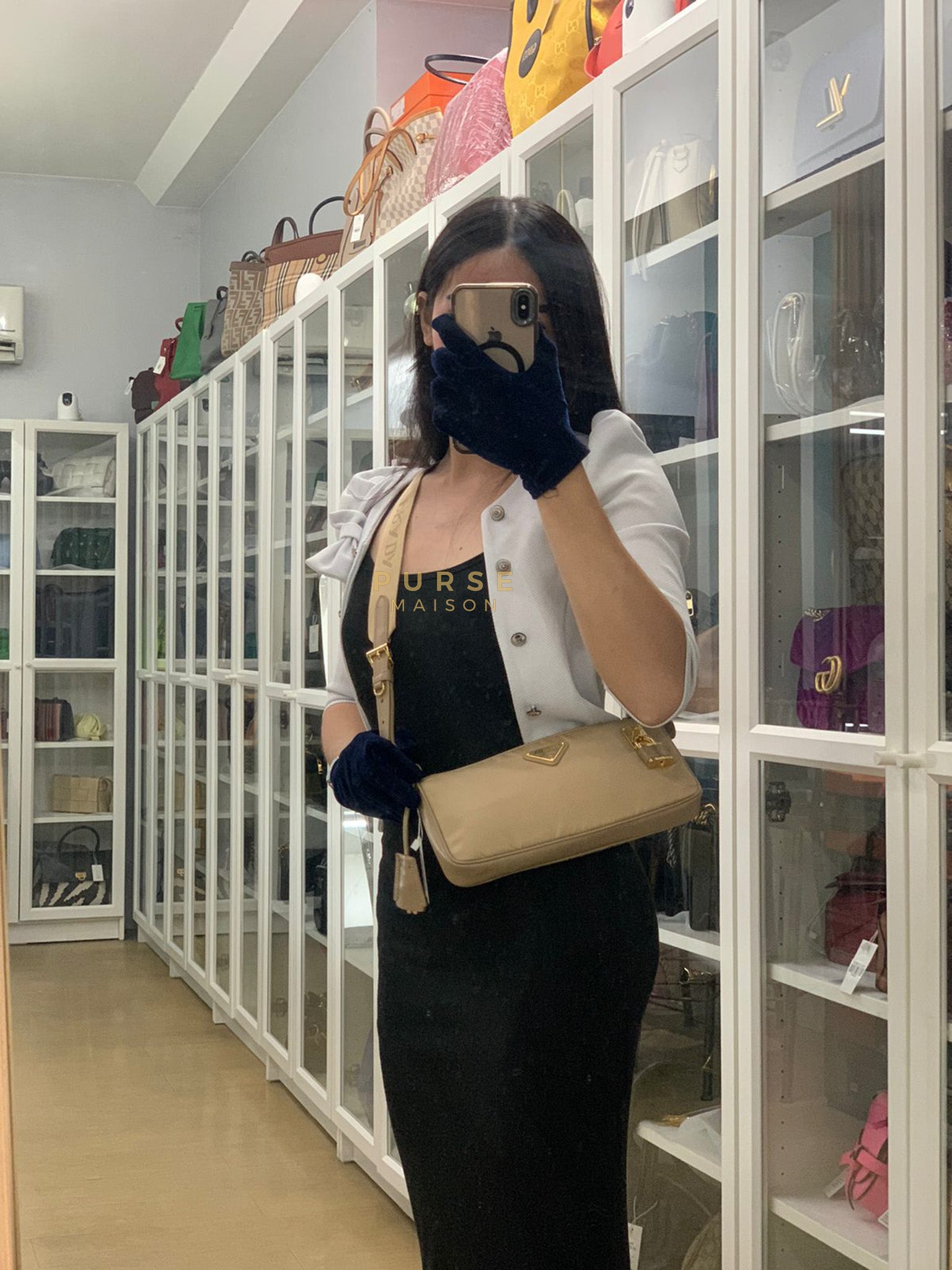 1BC234 Re-nylon and Leather Shoulder Bag in Camel | Purse Maison Luxury Bags Shop