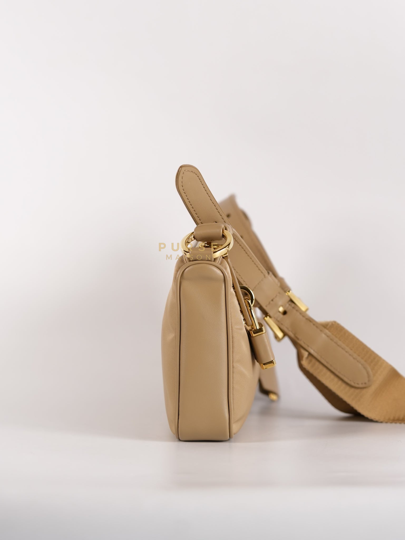 1BC234 Re-nylon and Leather Shoulder Bag in Camel | Purse Maison Luxury Bags Shop