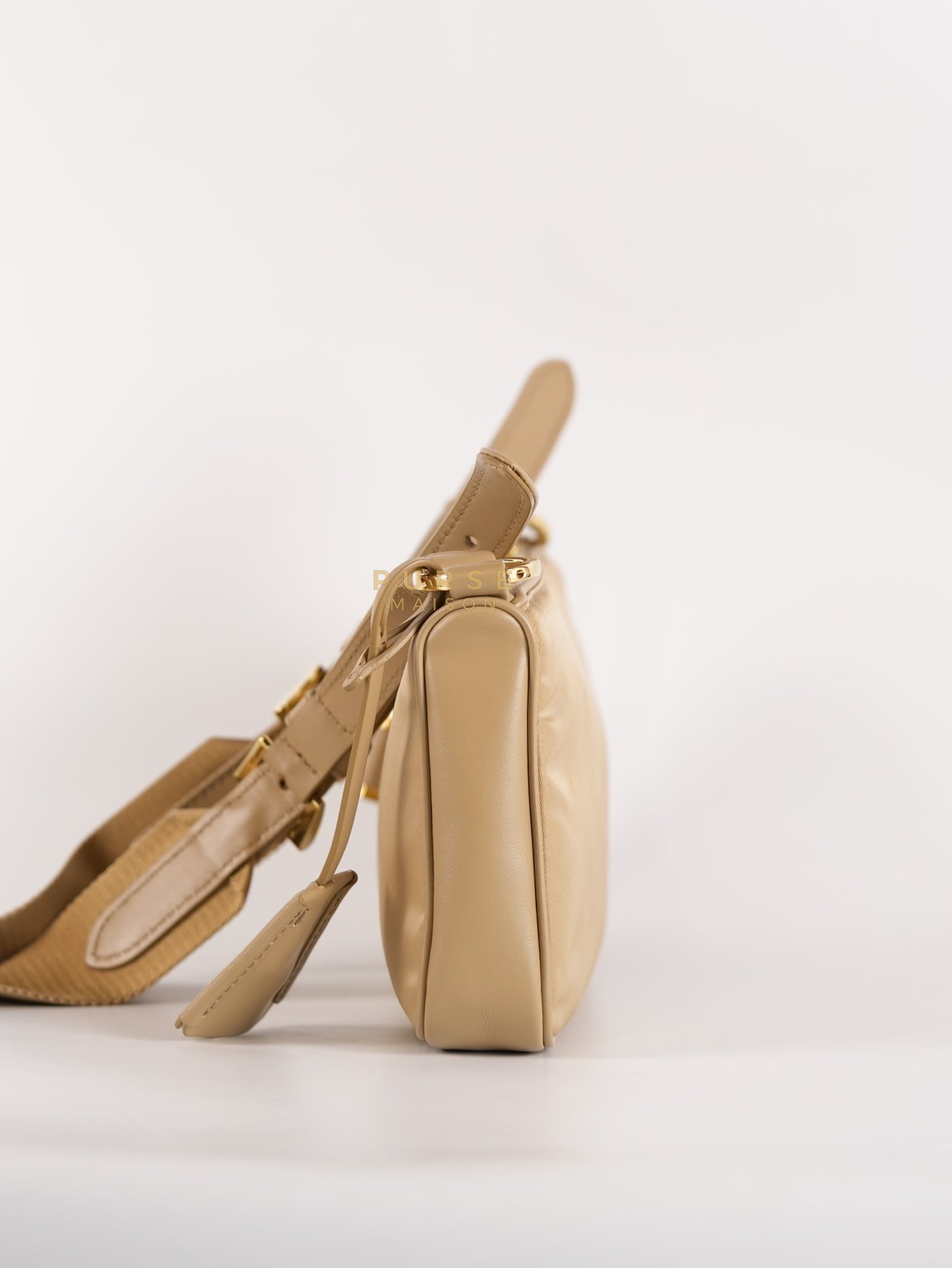 1BC234 Re-nylon and Leather Shoulder Bag in Camel | Purse Maison Luxury Bags Shop