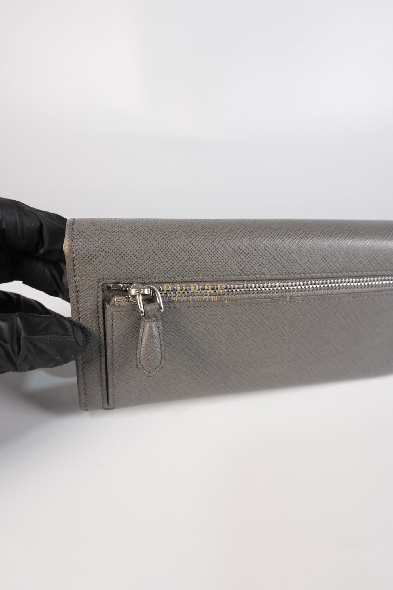 1MH132 Saffiano Leather Flap Long Wallet in Gray | Purse Maison Luxury Bags Shop