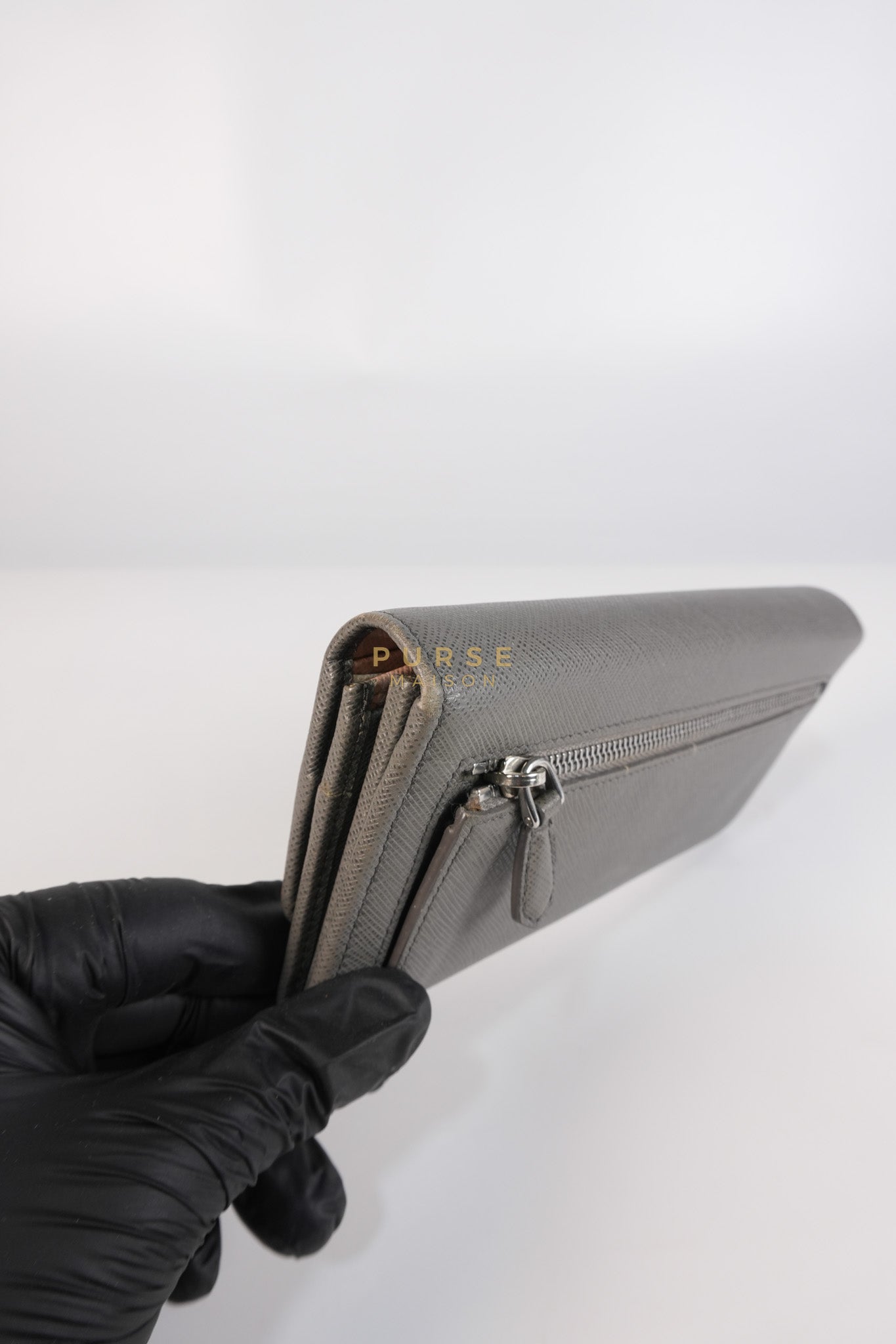 1MH132 Saffiano Leather Flap Long Wallet in Gray | Purse Maison Luxury Bags Shop