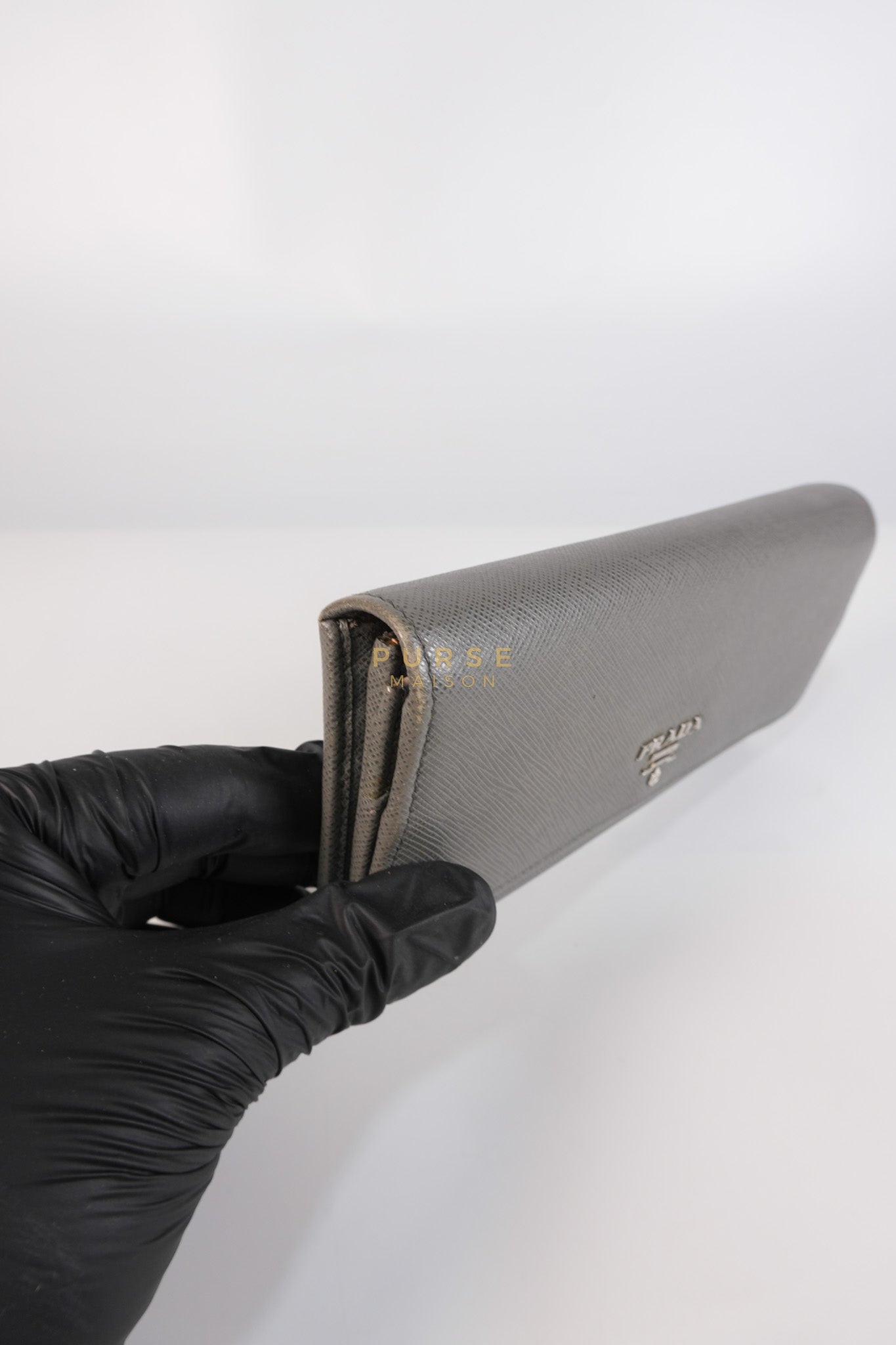 1MH132 Saffiano Leather Flap Long Wallet in Gray | Purse Maison Luxury Bags Shop