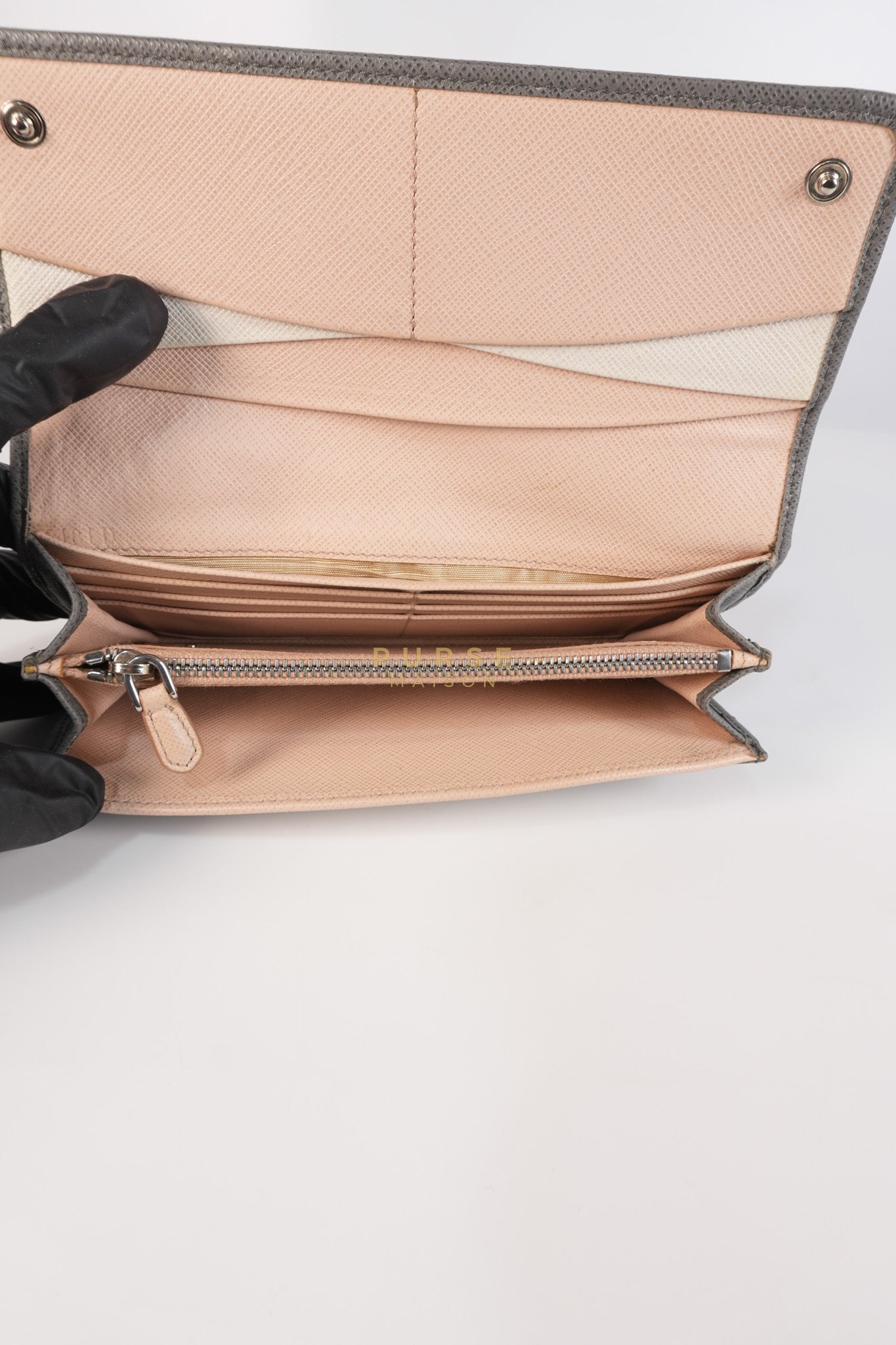 1MH132 Saffiano Leather Flap Long Wallet in Gray | Purse Maison Luxury Bags Shop