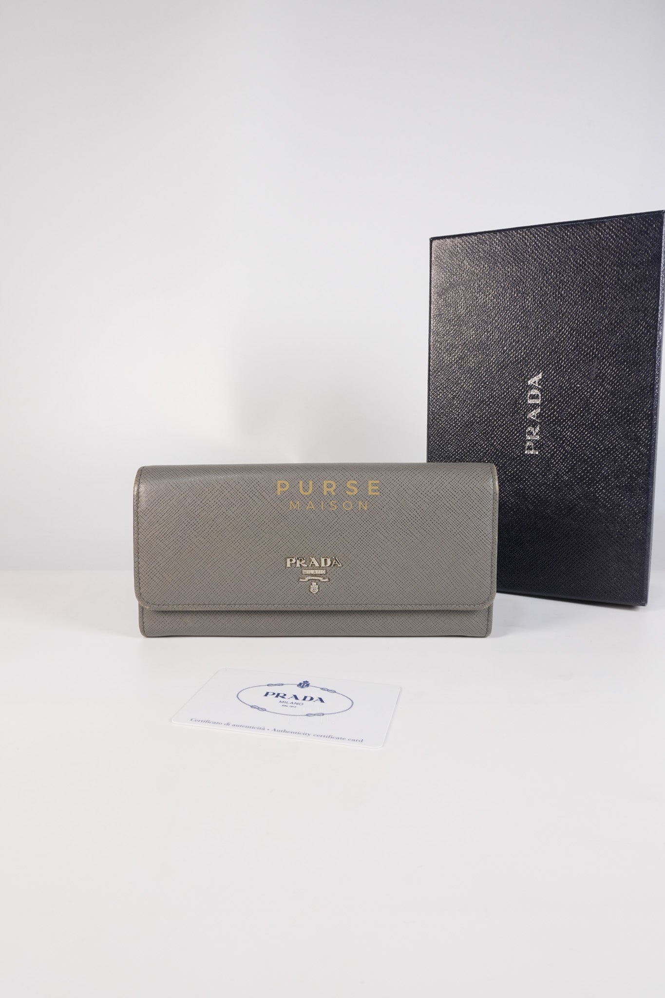 1MH132 Saffiano Leather Flap Long Wallet in Gray | Purse Maison Luxury Bags Shop